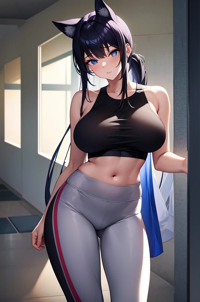 (uploaded the e621)(gigantic breasts:1.2)(masterpiece:1.2)(high quality)(best quality) detailed background,indoors,highres,neko (solution1988) huge breasts,open clothes,absurdres,blue eyes,gradient background,looking at viewer,sports bra,1girl,pony tail,bare shoulders,solo,animal ears,crop top,head tilt,cat ears,sports leggings