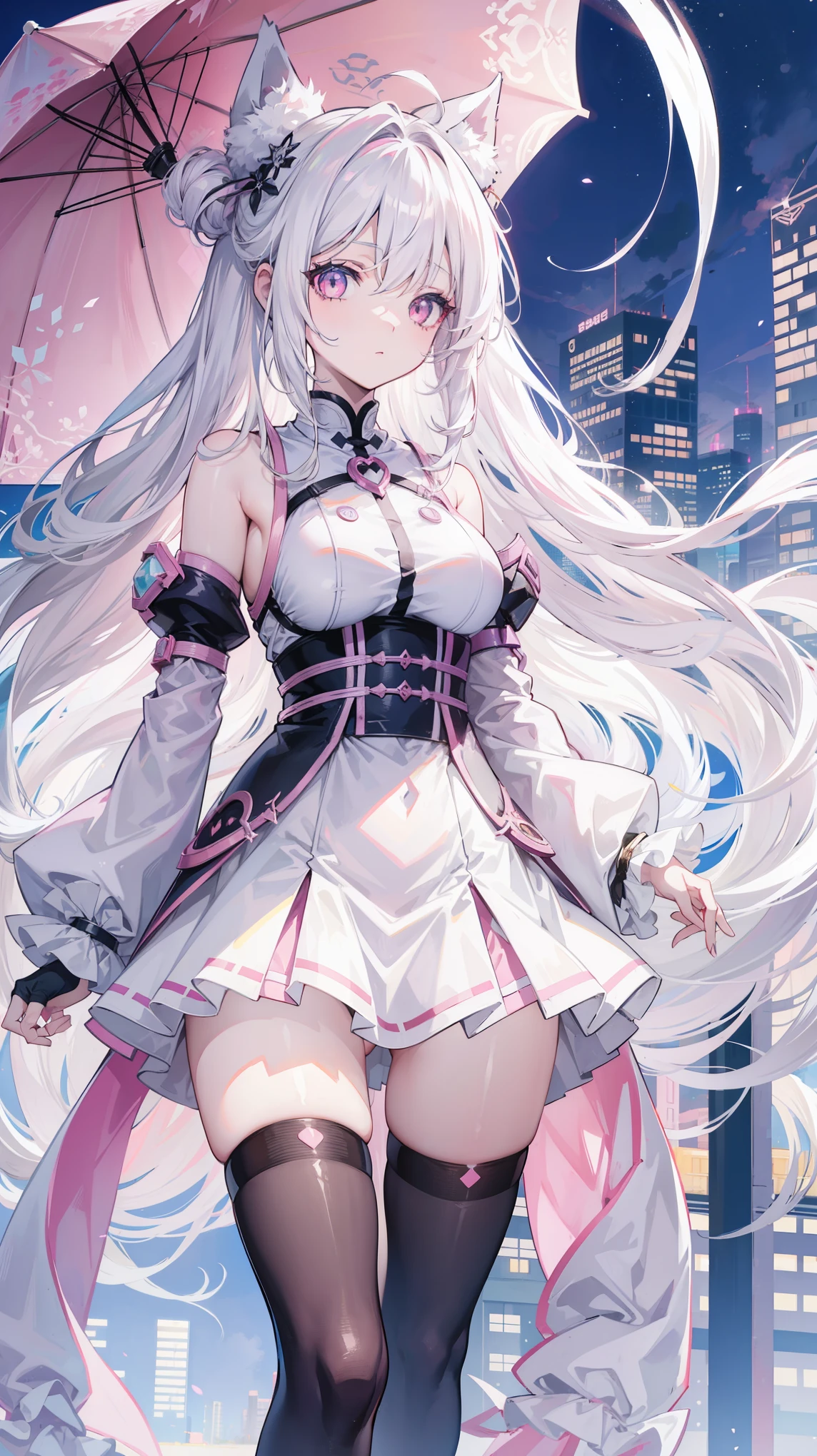 anime girl, long white hair, pastel pink eyes, with a beautiful background of a city, good anatomy, 8k, high resolution