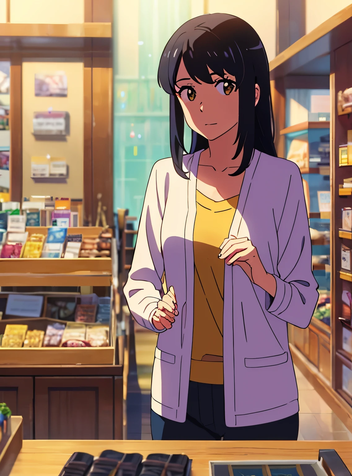 shinkai makoto, kimi no na wa., 1girl, bangs, black hair, brown eyes, waterfall braid, red ribbon, long hair, long sleeve light yellow cardigan, open shirt, yellow shirt, cleavage, breast, medium breast, Orange shirt, name tag written "LUMINE Miyamizu", looking at the viewer, indoors, jewelry products, jewelry shop, jewelry saleswoman, indoors, mall, masterpiece, perfect anatomy, cowboyshot, POV (POV boy's hands holding girl's hands POV)