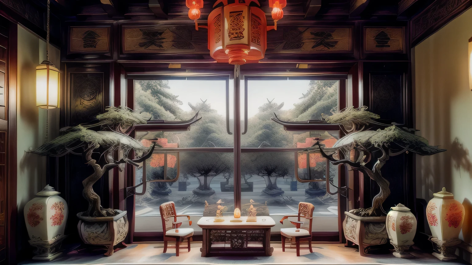 (antique interior design),hyper reaslism, Chinese home furnishings, bright light shining through, depth, symmetrical design, ((antique carved door beams, carved beam paintings, tables and chairs, bonsai, vases, porcelain, trees, flowers, Chinese lamps, embroidery, screens, beds, cushions)), exquisite home, rich details, ancient Chinese Ming dynasty style, quiet and elegant atmosphere, warm colors as the keynote, cinematic lighting effects, high-definition picture quality, soft light, Tyndall effect, dreamy, rich details, high quality, high resolution, (very detailed 8k wallpaper)