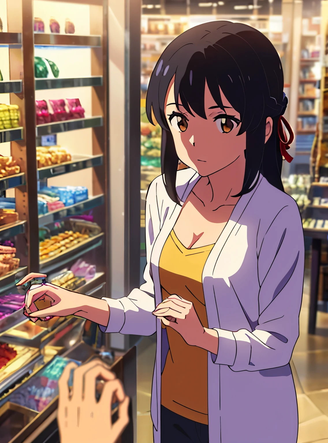shinkai makoto, kimi no na wa., 1girl, bangs, black hair, brown eyes, waterfall braid, red ribbon, long hair, long sleeve light yellow cardigan, open shirt, yellow shirt, cleavage, breast, medium breast, Orange shirt, name tag written "LUMINE Miyamizu", looking at the viewer, indoors, jewelry products, jewelry shop, jewelry saleswoman, indoors, mall, masterpiece, perfect anatomy, cowboyshot, POV (POV boy's hands holding girl's hands POV)