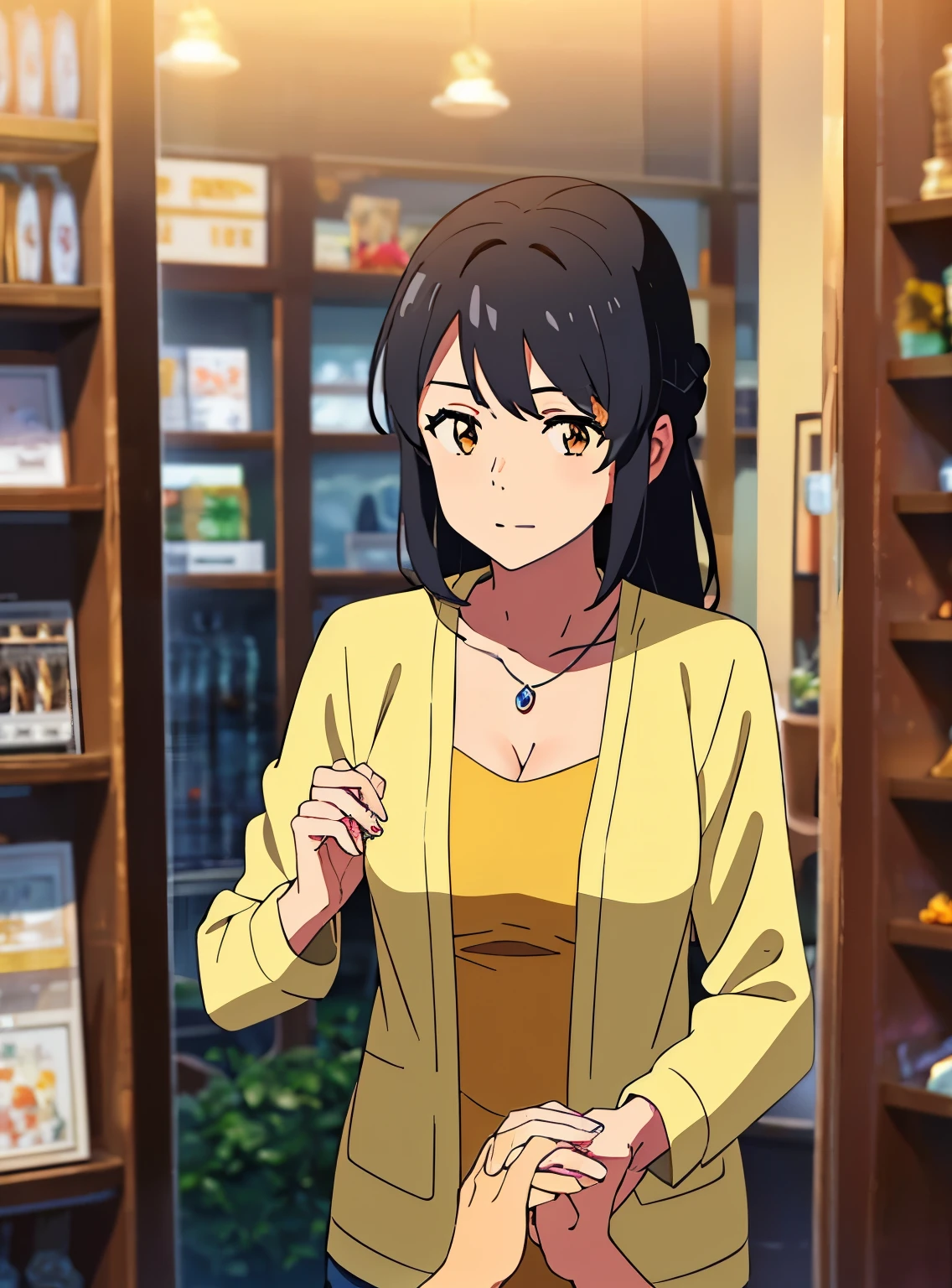 shinkai makoto, kimi no na wa., 1girl, bangs, black hair, brown eyes, waterfall braid, red ribbon, long hair, long sleeve light yellow cardigan, open shirt, yellow shirt, cleavage, breast, medium breast, Orange shirt, name tag written "LUMINE Miyamizu", looking at the viewer, indoors, jewelry products, jewelry shop, jewelry saleswoman, indoors, mall, masterpiece, perfect anatomy, cowboyshot, POV (POV boy's hands holding girl's hands POV)