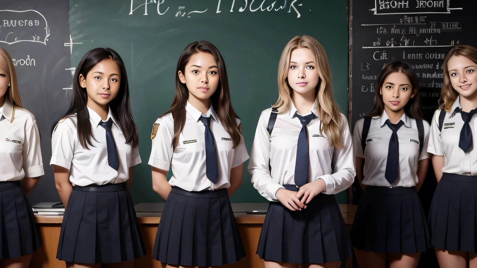 A crowd of girls in uniform stand next to each other, girls have short brown hair and long blond hair and blackboard in background, classroom,