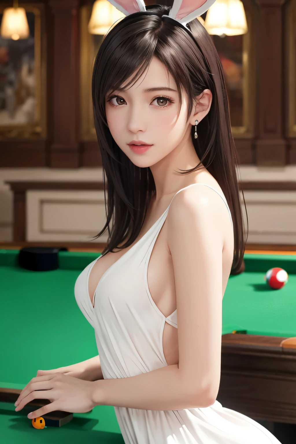 (Top Quality, Masterpiece: 1.1), (Realistic: 1.3), BREAK (((FF7,Tifa_lockhart))),(crowd of  man:1.3), BREAK Ultra-detailed face, Detailed eyes,(Light Brown Hair, Large breasts: 1.2),(A dark, billiard hall, billiard table:1.3), BREAK (Playboybunny,bunny dress),clothed,(No Bra) (No Panties) (Small and beautiful hard nipple), (shiny oiled skin: 1.1), about 18 years old, 