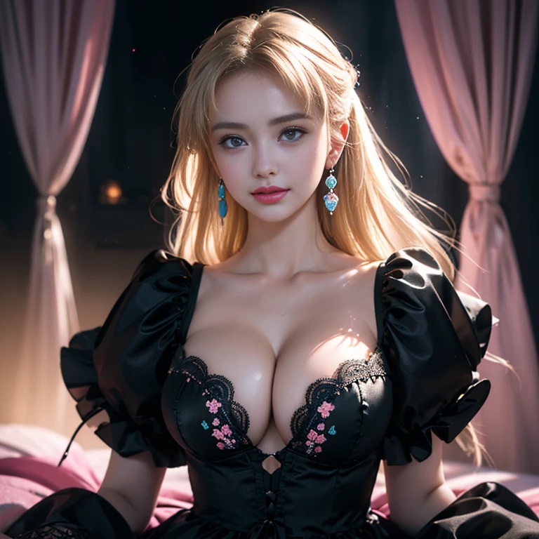 masterpiece，Highest image quality，Super details，best quality ,extremely delicate and beautiful, Very detailed,best quality, official art, Extremely detailed CG unified 8k wallpaper, Ana de Armas portrait photo, Blonde hair with black pupils，shiny skin,  (beautiful eyes:1.1), beautiful skin, big watery eyes，(detailed lighting:1.2), (Beautiful and detailed light:1.3), Beautiful black maid outfit,, beautiful breast balls, The most perfect breast ball shape，firm breast balls，Deep cleavage，Naked of breast，complex, digital drawing, Smooth, sharp focus, end of the world, epic reality, (high dynamic range:1.4), (pastel colors:1.4), Revelation，Bright colors, night, screen space refraction, (intricate details, Super detailed:1.3), art station, lens, vignette, complex background, buliding，Beautiful smile，The most beautiful look，Detailed moon background，Dreamcatcher earrings，The best look，Black lace hollow dress，（Hollow dress of various colors lacks color，Black，white，pink，purple，Red，blue，Orange，green，Cyan，），
