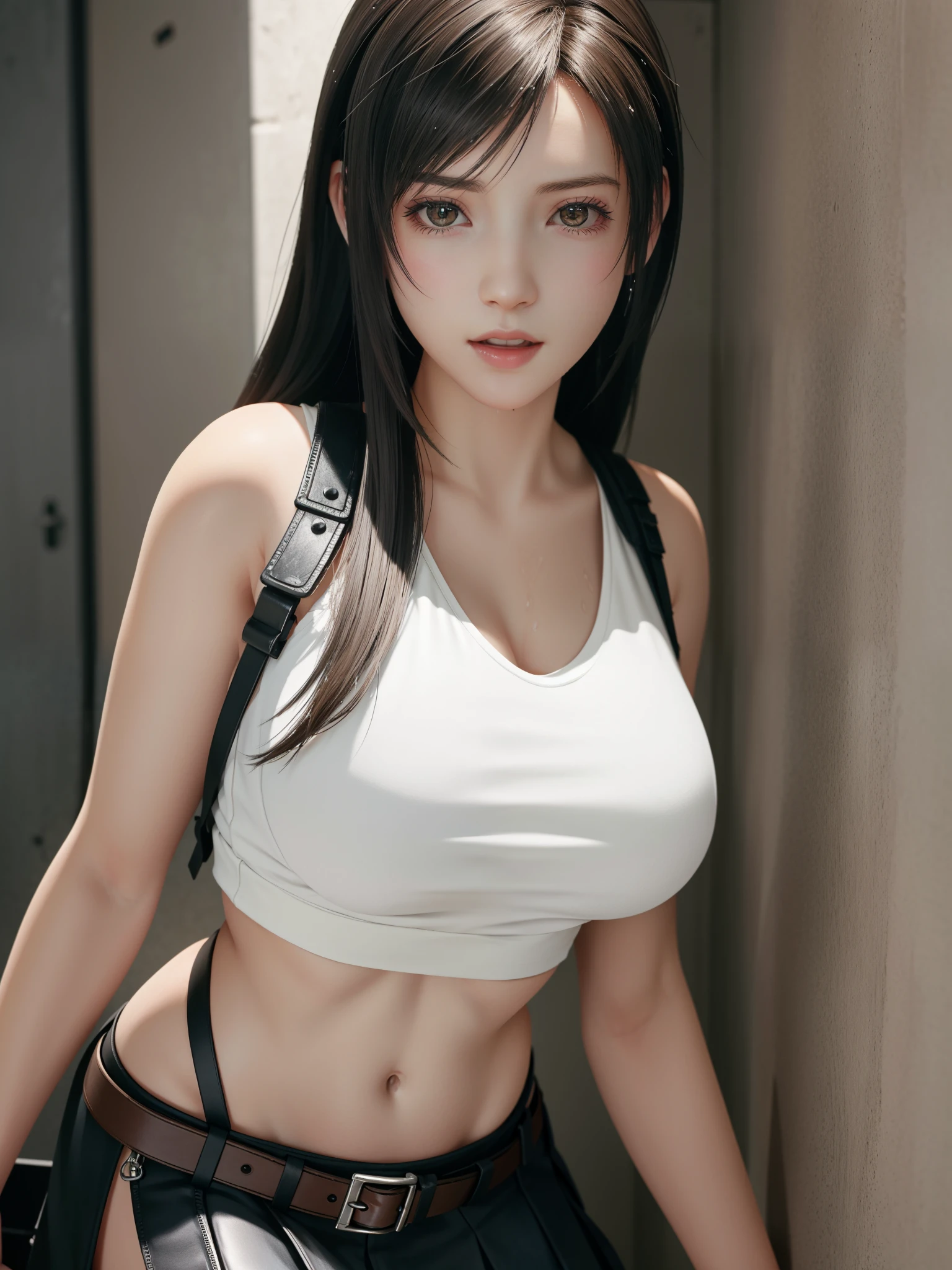 (Top Quality, Masterpiece: 1.1), (Realistic: 1.3), BREAK (((FF7,Tifa_lockhart))),(A dark, barely lit torture chamber:1.3,wet:1.2),(face focus:1.1) BREAK (((FF7,Tifa_lockhart))),(Light Brown Hair, Large breasts: 1.2),(Tifa_lockhart uniform:1.3, suspenders, low rise, mini skirt, tank top),clothed:1.2, BREAK (((FF7,Tifa_lockhart))),(crowd of monster:1.3),(many monsters:1.2), wet hair, about 18 years old,sensual, looking away:1.2, monsters attaking:1.3,(Tifa_lockhart,cornered against a wall),fear, scream, pain,looking away:1.2