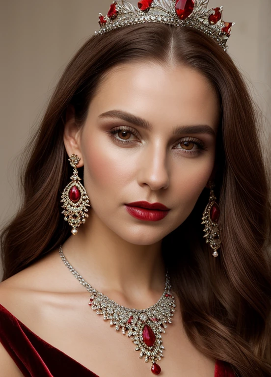 Realistic  Woman,  hair, chestnut hue, glossy locks,Royal crown, silver filigree, red gems,Elegant earrings, dangling crystals, ornate design,Regal attire, red velvet, deep neckline,Poised expression, black eyes, subtle gaze,Silver necklace, elaborate pattern, sparkling stones,Sculpted makeup, soft contour, red lips,Dark backdrop, focused lighting, rich color.