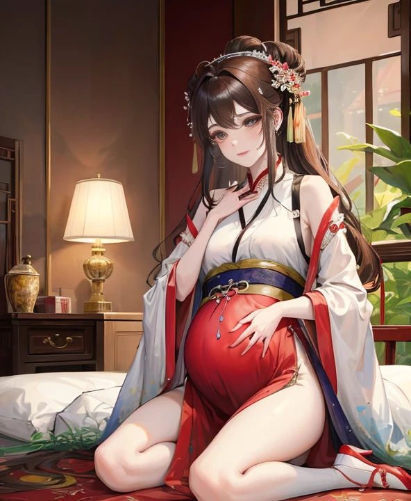 masterpiece, best quality, aldult, Chinese style,pregnancy ,China, elder sister, Smile, brown hair, princess cut, Full of motherhood,Hanfu,Pure affection,blush,Dignified yet lively,Mother,Place your hands on your stomach,Full of motherhood,Sexy,charming,Graceful and graceful,A thousand flavors,charming,With a royal air,Hair hit on the back of the head,With hairpins,长Hanfu,beautiful,beautiful,A hand caresses his belly,charming的,眼神Lovely,Lovely,black stockings,Tall and tall,The one with alluring looks