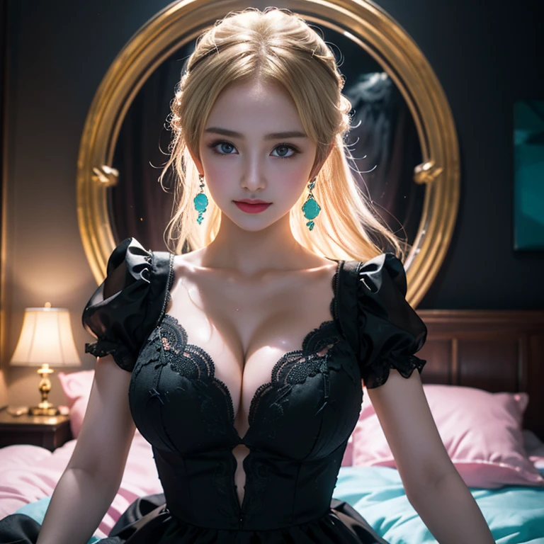 masterpiece,Highest image quality,Super details,best quality ,extremely delicate and beautiful, Very detailed,best quality, official art, Extremely detailed CG unified 8k wallpaper, Ana de Armas portrait photo, Blonde hair with black pupils,shiny skin, (beautiful eyes:1.1), beautiful skin, big watery eyes,(detailed lighting:1.2), (Beautiful and detailed light:1.3), Beautiful black maid outfit,, beautiful breast balls, The most perfect breast ball shape,firm breast balls,Deep cleavage,Naked of breast,complex, digital drawing, Smooth, sharp focus, end of the world, epic reality, (high dynamic range:1.4), (pastel colors:1.4), Revelation,Bright colors, night, screen space refraction, (intricate details, Super detailed:1.3), art station, lens, vignette, complex background, buliding,Beautiful smile,The most beautiful look,Detailed moon background,Dreamcatcher earrings,The best look,Black lace hollow dress,(Hollow dress of various colors lacks color,Black,white,pink,purple,Red,blue,Orange,green,Cyan,),
