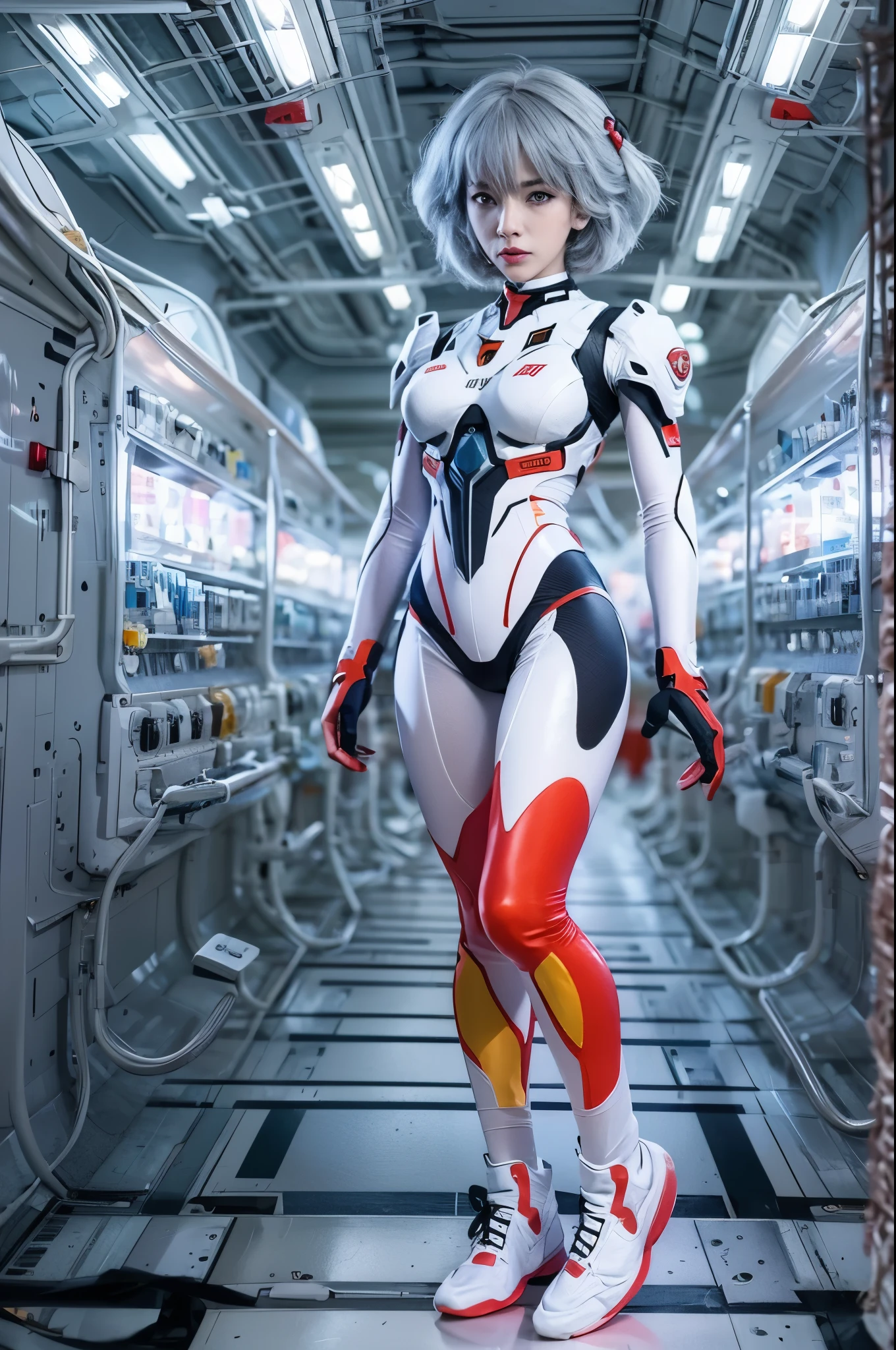 The full body Portrait of Rei Ayanami from Neon Genesis Evangelion, inside the NERV lab with lots of scientists, detailed scene, stunning details, anime, detailed environment, ray tracing, 8k，full-body shot，white shiny metal shoes，The luminous shapewear that is attached to the whole body is covered with high-tech geometric circuit lines.，Surrealism，perfect art form