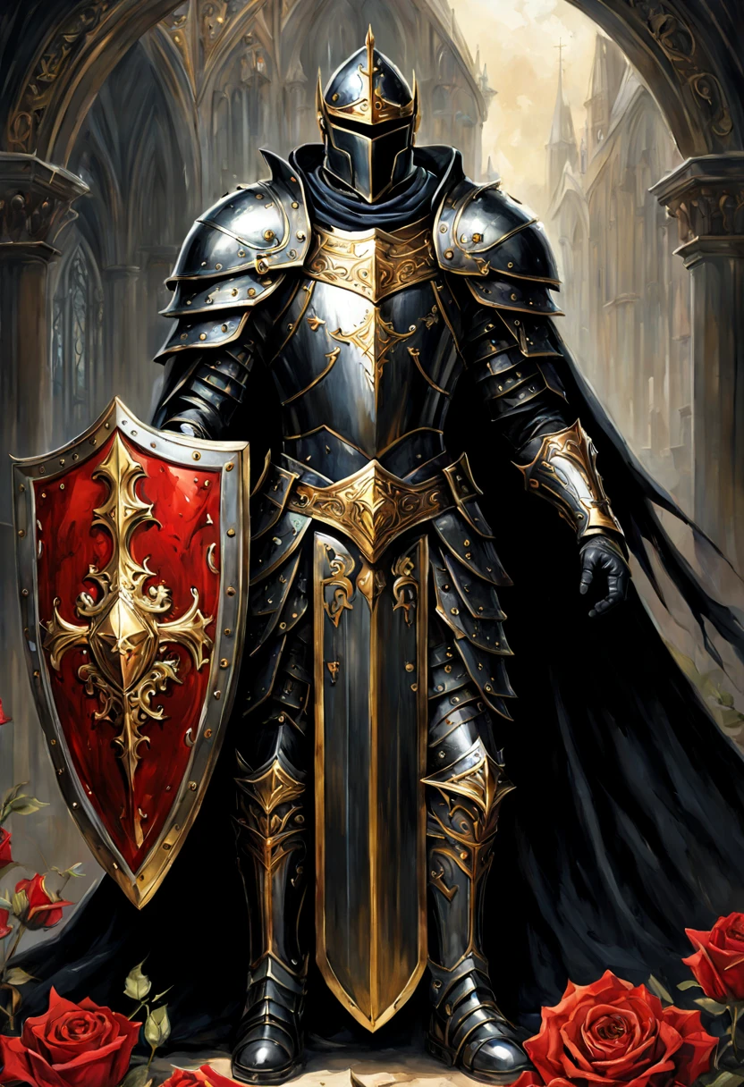 full length wide angle view Glorious Glorious Brigh Monarch King Knight wuth a (Shield:1.5) in a highly detailed Heavy black Knight armor guilded with gold,silver in a High holding a Gold and black and Crimson (Shield:1.5) ; gothic castle background; photorealistic, insanely detailed, meticulous, awe inspiring, magnificent, concept art, dark fantasy, gothic; Anne Stokes, Anna Dittman, Greg Rutowski, Josephine Wal High Gothic Dark Fantasy DarkSouls EldenRings Enchanted:Gothic : watercolor Glorious Brigh Monarch King Knight with a Long warm cloak holding a Long enchanted round (Shield:1.5) in a highly detailed Heavy black Knight armor guilded with gold,silver in a field of Colorfull Roses under an Eclipse ::| hyperdetailed: maximalist ::| Stunning masterpiece::| Jonas De Ro: russ mills, white roses and Blood red Roses under a warm Autumnal Morning Sunlight, Mark Brooks and Dan Mumford, comic book art, perfect, smooth, in Gouache Style, Watercolor, Museum Epic Impressionist Maximalist Masterpiece, Thick Brush Strokes, Impasto Gouache, thick layers of gouache watercolors textured on Canvas, 8k Resolution, Matte Painting