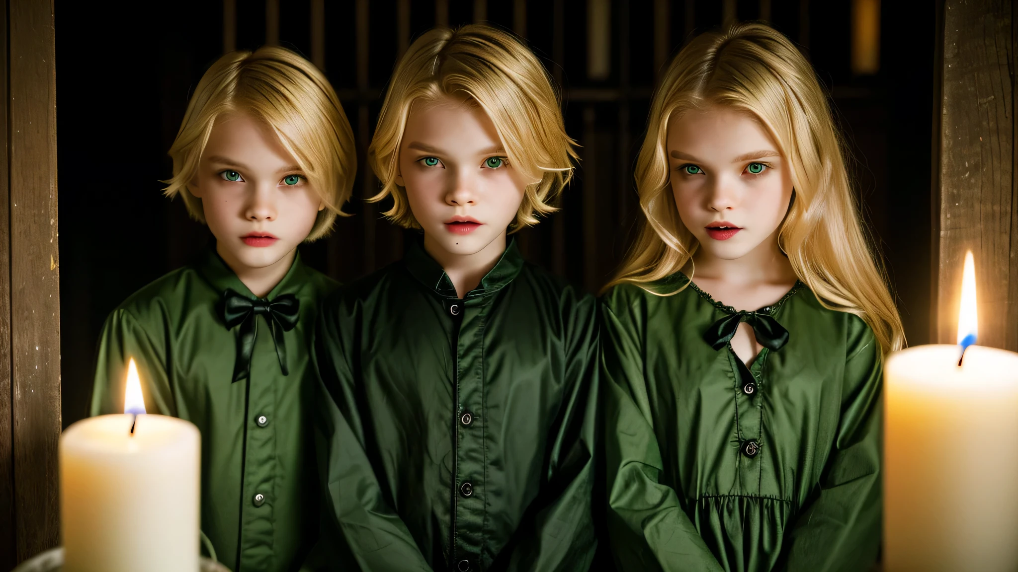 KIDS vampire blonde green clothes. and candles, green light candles., banished of sin