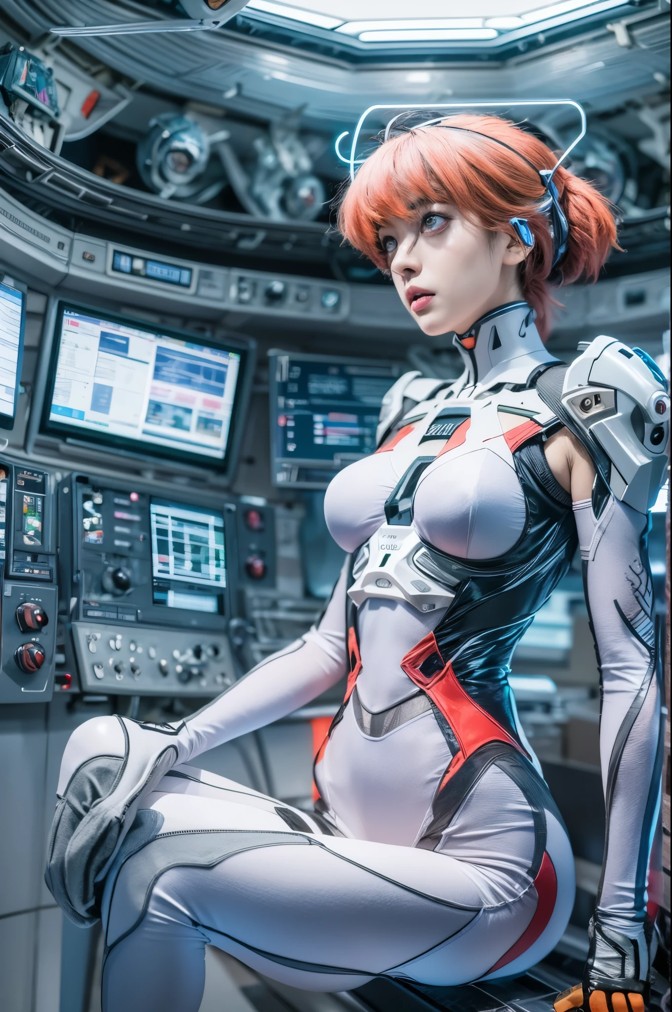 The full body Portrait of Rei Ayanami from Neon Genesis Evangelion, inside the NERV lab with lots of scientists, detailed scene, stunning details, anime, detailed environment, ray tracing, 8k，full-body shot，white shiny metal shoes，The luminous shapewear that is attached to the whole body is covered with high-tech geometric circuit lines.，Surrealism，perfect art form