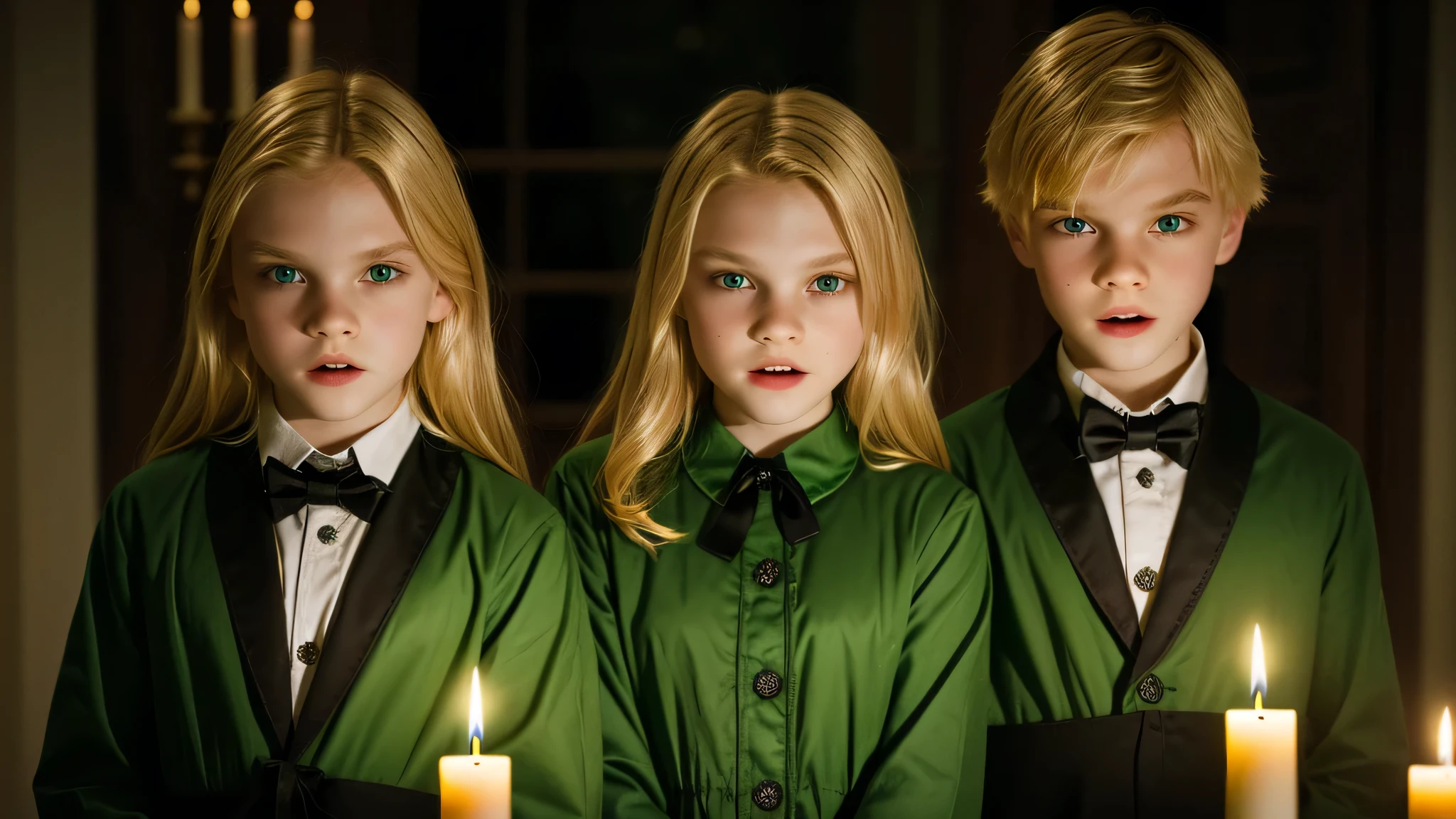 KIDS vampire blonde green clothes. and candles, green light candles., banished of sin