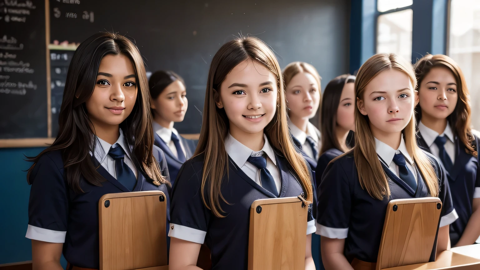 A crowd of teen schoolgirls in uniform stand next to each other, girls have short brown hair and long blond hair and are smiling and blackboard in background, classroom,