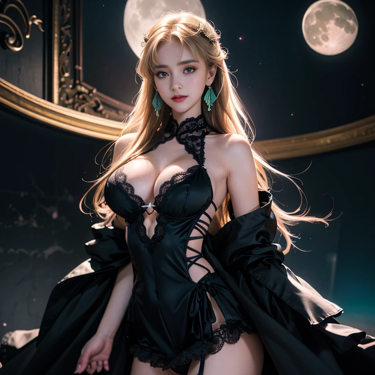 masterpiece,Highest image quality,Super details,best quality ,extremely delicate and beautiful, Very detailed,best quality, official art, Extremely detailed CG unified 8k wallpaper, Ana de Armas portrait photo, Blonde hair with black pupils,shiny skin, (beautiful eyes:1.1), beautiful skin, big watery eyes,(detailed lighting:1.2), (Beautiful and detailed light:1.3), Beautiful black maid outfit,, beautiful breast balls, The most perfect breast ball shape,firm breast balls,Deep cleavage,Naked of breast,complex, digital drawing, Smooth, sharp focus, end of the world, epic reality, (high dynamic range:1.4), (pastel colors:1.4), Revelation,Bright colors, night, screen space refraction, (intricate details, Super detailed:1.3), art station, lens, vignette, complex background, buliding,Beautiful smile,The most beautiful look,Detailed moon background,Dreamcatcher earrings,The best look,Black lace hollow dress,(Hollow dress of various colors lacks color,Black,white,pink,purple,Red,blue,Orange,green,Cyan,),