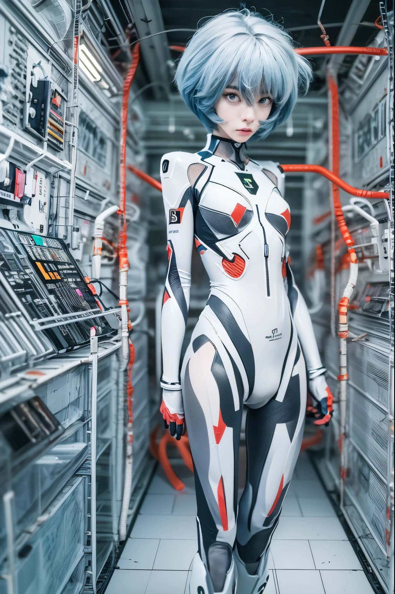 The full body Portrait of Rei Ayanami from Neon Genesis Evangelion, inside the NERV lab with lots of scientists, detailed scene, stunning details, anime, detailed environment, ray tracing, 8k，full-body shot，white shiny metal shoes，The luminous shapewear that is attached to the whole body is covered with high-tech geometric circuit lines.，Surrealism，perfect art form