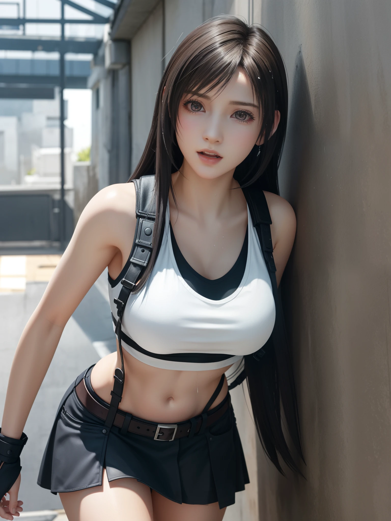 (Top Quality, Masterpiece: 1.1), (Realistic: 1.3), BREAK (((FF7,Tifa_lockhart))),(A dark, barely lit torture chamber:1.3,wet:1.2),(face focus:1.1) BREAK (((FF7,Tifa_lockhart))),(Light Brown Hair, Large breasts: 1.2),(Tifa_lockhart uniform:1.3, suspenders, low rise, mini skirt, tank top),clothed:1.2,  BREAK (((FF7,Tifa_lockhart))),(crowd of monster:1.3),(many monsters:1.2), wet hair, about 18 years old,sensual, looking away:1.2, monsters attaking:1.3,(Tifa_lockhart,cornered against a wall),(being chased,run away),approaching fear, scream, pain,looking away:1.2,