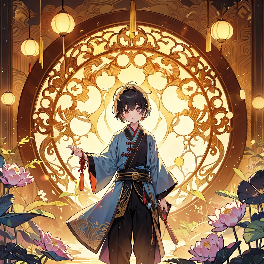 absurdres, best quality, fine detailed, 8k, (lens_flare:1.5), A Chinese fantasy-style backlit boy stands in front of a Japanese-style fantasy round window decorated with gold lotuses