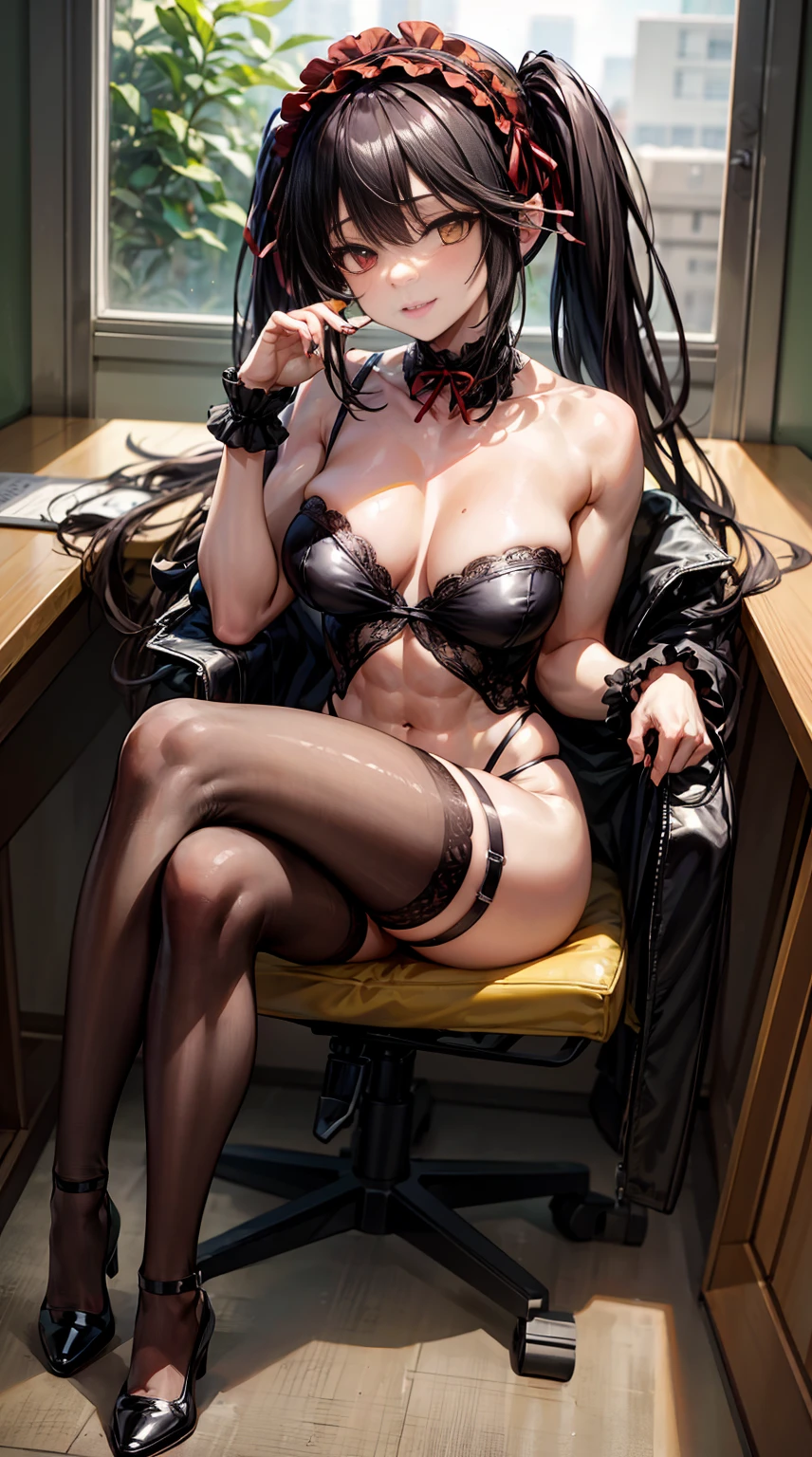Nsfw trashy | lewd | Nude 1 girl, bare shoulders, black hair, medium breasts, (muscular legs), bare legs, muscular belly, wide hips, thin waist, (((clock eyes)))))), full body, hairband, (sitting on chair with legs crossed), heterochromia, black high heel shoes, ta hairband, long hair, red eyes, mischievous smile, look cunning, alone, symbol-shaped pupils, (Kurumi tokisaki), (twintails), yellow eyes,