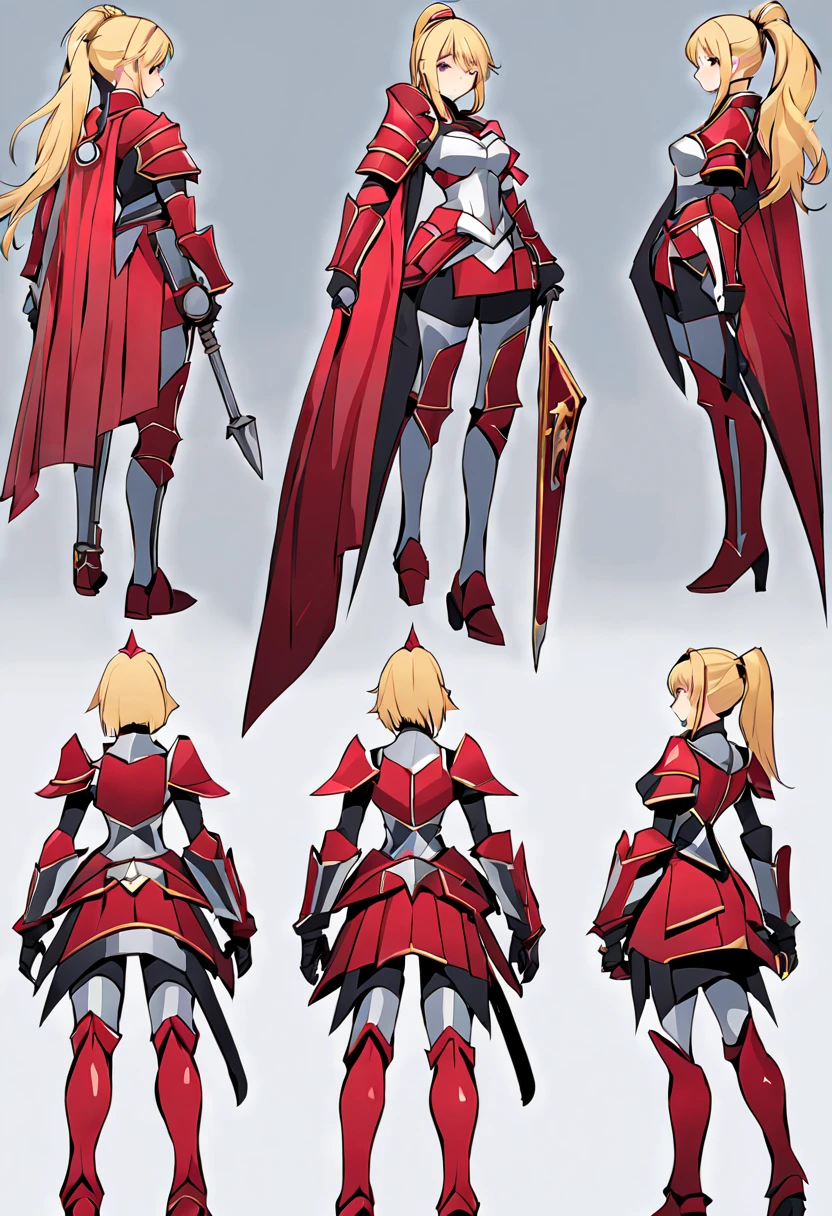 ((three-sided view, front view, side view, back view, multiple views, multiple poses and expressions, many parts)), concept art, character concept art, character sheet, Full body, illustration, (simple background, gray background), 1 character, 1girl, fantasy art, a female knight in metal armor, red_outfit, white_armor,cropped shoulders armor, plate armor, armor dress,gauntlets, Blonde hair,high ponytail,Blue eyes,ruby tiara,cleavage, thighs, thighhighs, weapon