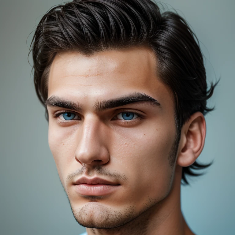close up shot of 18 year old Romanian man's face, very handsome, young, skinny, short very-curly black hair, (thick black monobrow), (pale-blue eyes), pale skin, clean-shaven, (strong square jawline), square jawline, strong cheekbones, raw photo