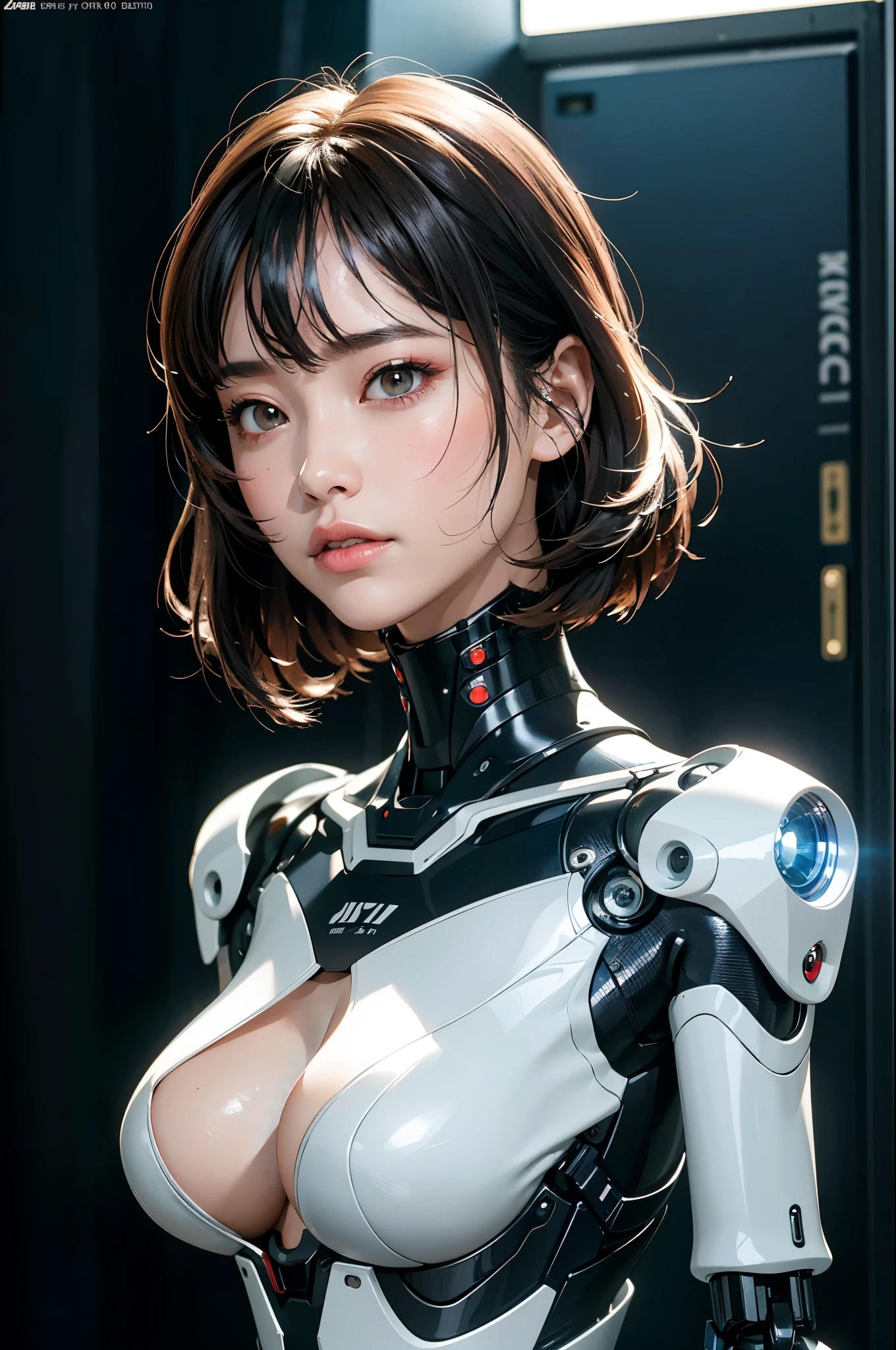 Complex 3D rendering of ultra-detailed porcelain female robot, 1 girl, (natural skin texture, actual eye details:1.2), part, beautiful soft light, rim light, Vibrant details, Luxury Cyberpunk, hyperactual, anatomical, face muscles, Cable wire, microchip, elegant, beautiful background, octane rendering, apple style, 8k, best quality, masterpiece, illustration, extremely delicate and beautiful, CG, Unite, wallpaper, (actual, photo-actual:1.2), Astonishing, fine details, masterpiece, best quality, official art, extremely detailed CG Unite 8k wallpaper, Extremely ridiculous, sexy, Mechanical skeleton, Android, Surrealism, Doomsday wasteland, (high-tech prosthetics:1.2), Fluffy black short hair, Perfect body, Navy blue glowing cyber ship