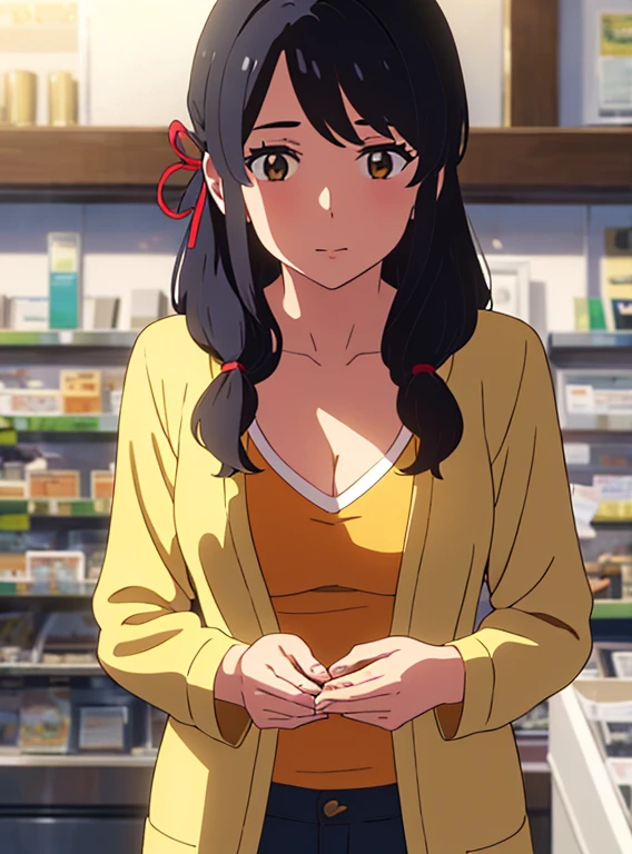 shinkai makoto, kimi no na wa., 1girl, bangs, black hair, brown eyes, waterfall braid, red ribbon, long hair, long sleeve light yellow cardigan, open shirt, yellow shirt, cleavage, breast, medium breast, Orange shirt, name tag written "LUMINE Miyamizu", looking at the viewer, indoors, jewelry products, jewelry shop, jewelry saleswoman, indoors, mall, masterpiece, perfect anatomy, cowboyshot, POV (POV boy's hands gropping girl's chest POV)