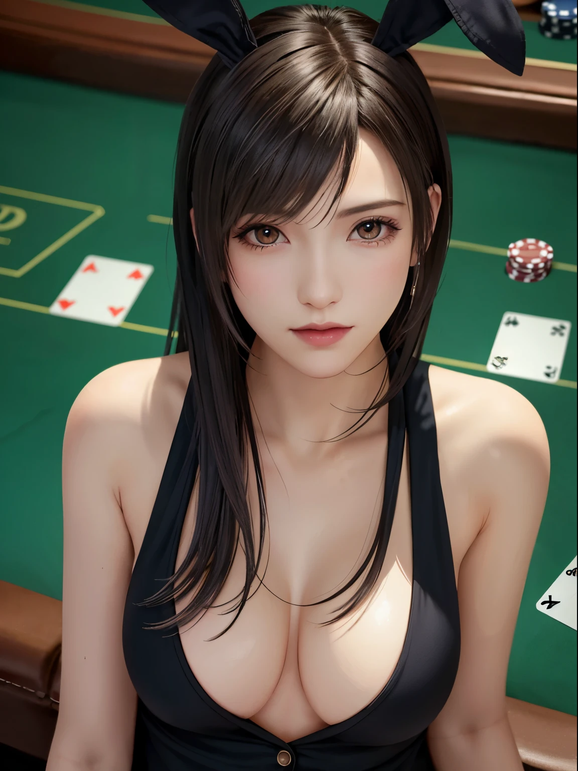 (Top Quality, Masterpiece: 1.1), (Realistic: 1.3), BREAK (((FF7,Tifa_lockhart))),Ultra-detailed face, Detailed red eyes,(Light Brown Hair, Large breasts: 1.2),(A dark, casino, poker table:1.3), BREAK (bunny girl,Playboybunny,black bunny clothes),clothed ,(No Bra) ,(Small and beautiful hard nipple), (shiny oiled skin: 1.2), about 18 years old, BREAK sensual,