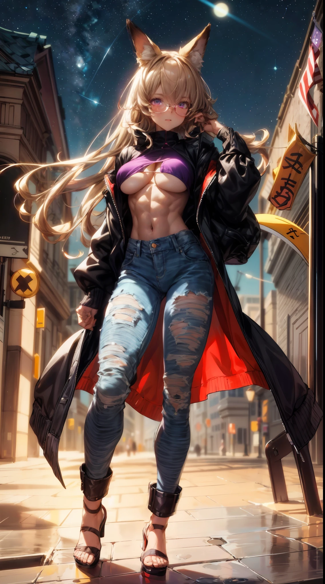 {{best quality}}, {{masterpiece}}, {{ultra-detailed}}, {illustration}, {detailed light}, {an extremely delicate and beautiful}, a girl, {beautiful detailed eyes}, purple eyes, blonde hair, stars in the eyes, messy floating hair, colored purple inner hair, Starry sky adorns hair, depth of field, beautiful, skinny, thin, long legs, cute legs, muscles, perfect body, perfect hands, glasses, , (((purple eyes))), fox ears, fox tail, animal ears, muscles, hourglass_figure, Brown airforce jacket, short jeans, short shorts, full body, full_body, (((glasses))), white , sandals, brown jacket, very skinny girl, skinny girl, beefcake, standing, walking down the steet, high heels, tall girl, 21 years old, anime, super model, wind blowing through her messy blonde hair. , , big , underboob, cleavage, brown jacket, photoshoot, night,