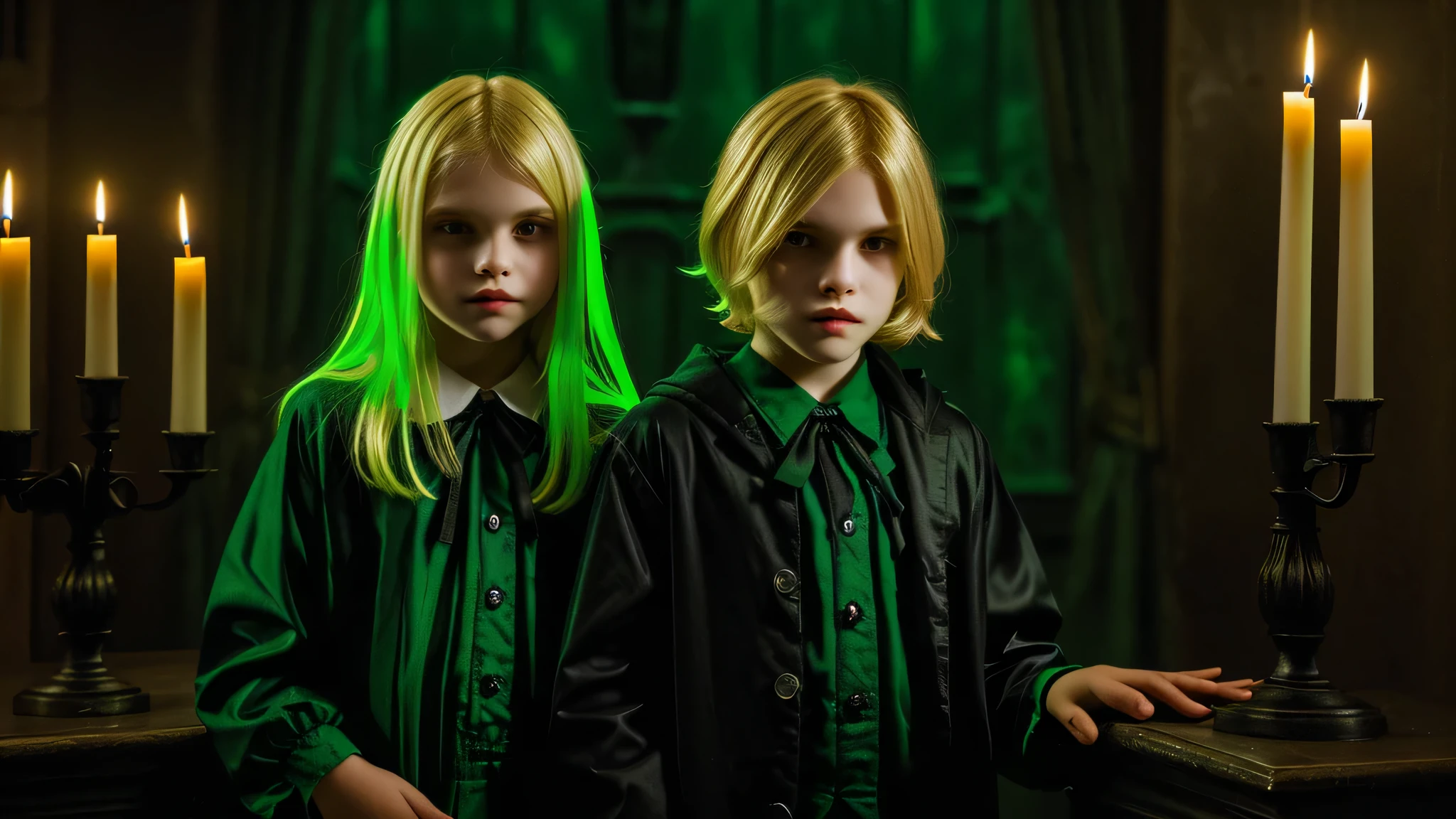 KIDS vampire blonde green clothes. and candles, green light candles., banished of sin