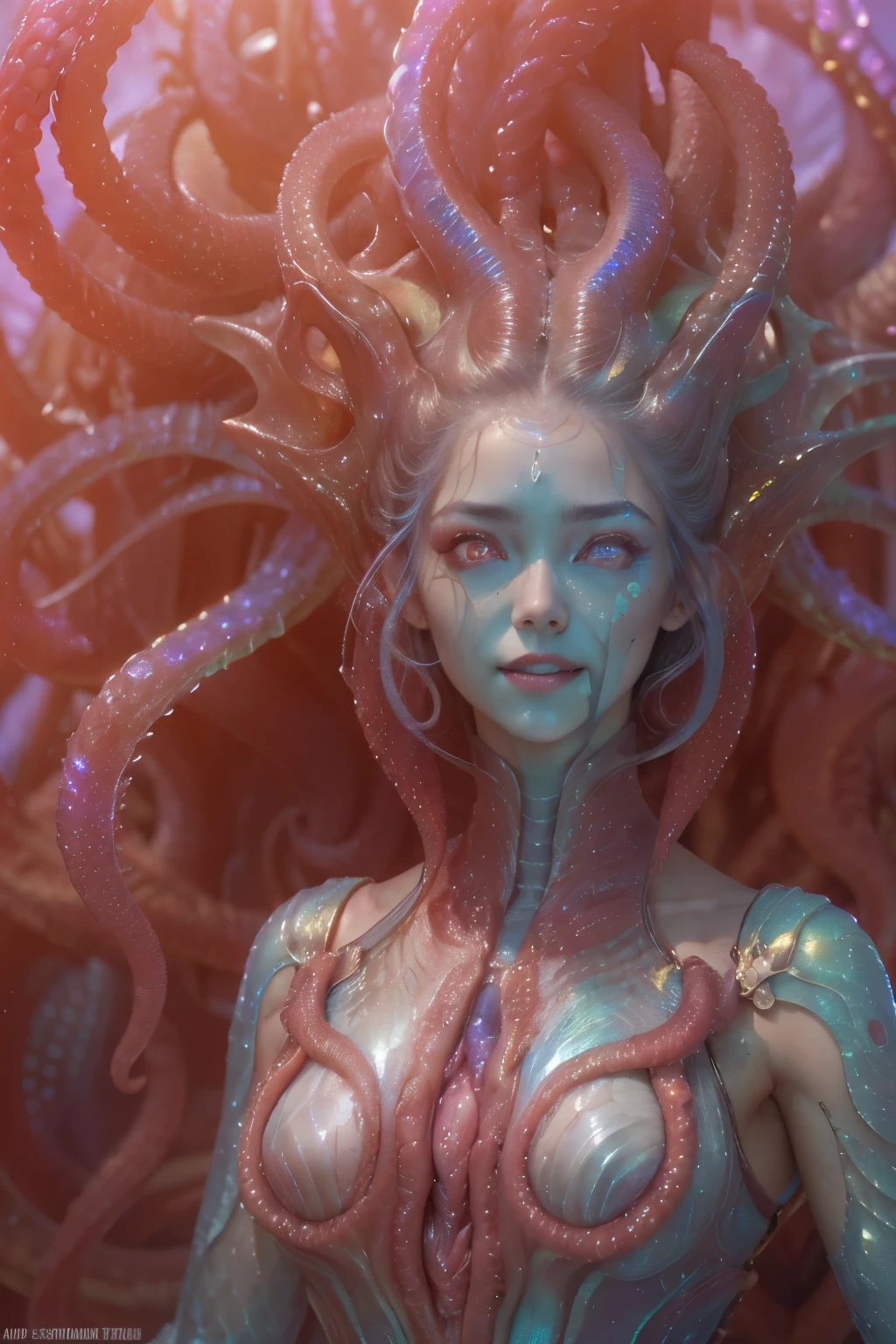 (1 beautiful and obscene female alien:1.4), (There is a female genital-like organ in the middle of her forehead:1.95), She has medusa-like hair, (there are lots of translucent tentacles from her head like her hair:1.8), (vulgarity1.7), (she is looking at viewers with glowing red eyes with no pupils:1.8), (She has translucent pale skin:1.7),(She has the most beautiful face in the history of the universe:1.2), (She has multiple bioluminescent organs on the side of her tentacles:1.4), (Her body is covered with an iridescent exoskeleton:1.6), (She is showing her arm pits:1.4), an evil gaze that seduces, (large mouth:1.1), (sharp teeth like a vampire:1.2), Full body portrait, (bio luminescent:1.5), (Smile wickedly:1.3), (sexypose:1.5), alien, No humans, cells are fused, extraterrestrial, cell, bio image, masterpiece, ultra high resolution, (photos realistic:1.7), scary and sexy detailed art in color, best quality, 8K,In 4K_quality, High freshness, Dramatic Lighting, cinematic quality, (exquisite details:1.2), High freshness, drawing faithfully, (Thick eyebrows:1.2), Beautiful eyes with fine symmetry,(Highly detailed face and eyes:1.2),(Super detailed skin quality feeling:1.4), perfect anatomy, (Beautiful toned body:1.5), (Moist skin:1.2), not wearing makeup, (dark circles:1.1), long canines, cinematic drawing of characters, cinematic quality, (exquisite details:1.2), high resolution, official art, Unity 8K Wall paper, ultra detailed artistic photography, midnight aura, unreal engine 5, Ultra Sharp Focus, art by Amano Yoshitaka, ArtGerm, Roisch, intricate artwork,ultra realistic realism, dream-like, Creation of fantasy, dream Snail, (biopunk nautilus:1.3),Thrilling color schemes, seductively smiling, Amazing mutation, well-proportioned body, goddess of the deep sea, fractal, Geometric pattern, impossible figures,(asymmetry:1.4), (white tentacles with blue stripes:1.4), subtle emerald green accents, (expression of ecstasy:1.6)