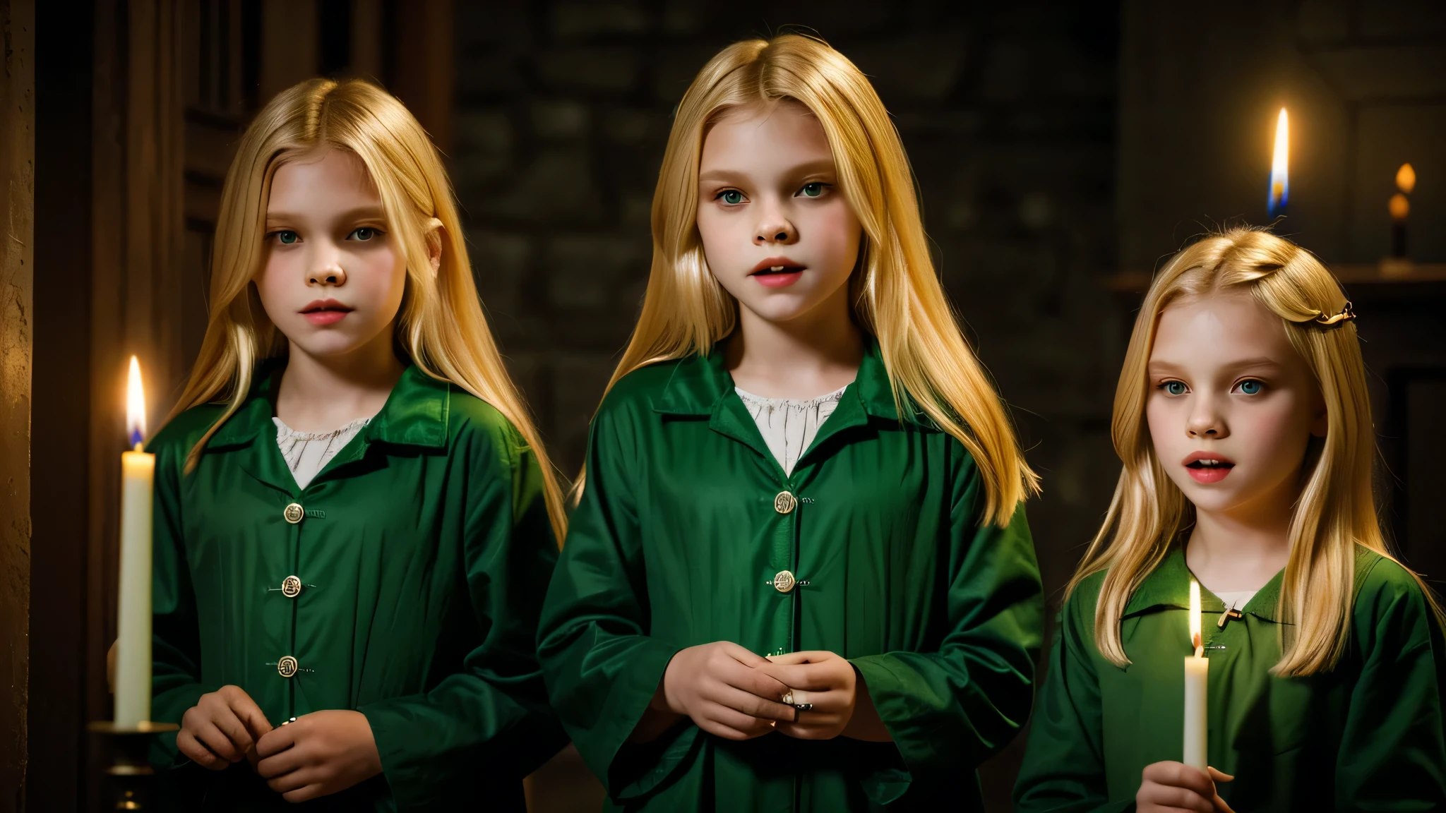 KIDS vampire blonde green clothes. and candles, green light candles.