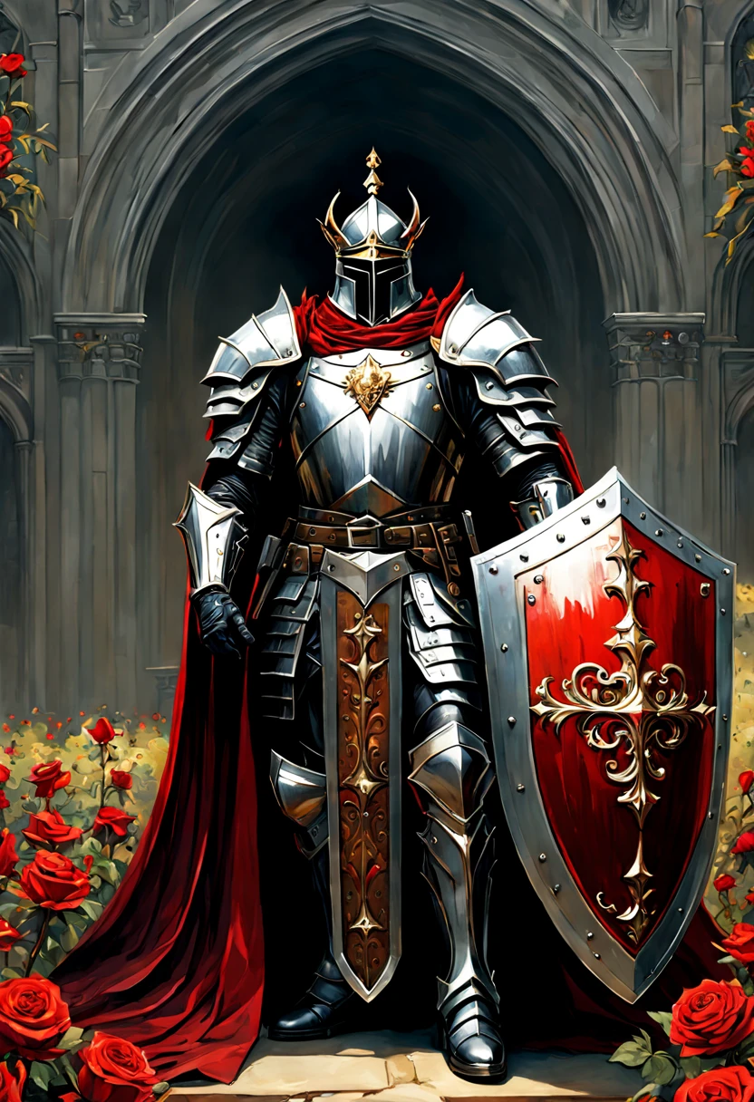 full length wide angle view Glorious Glorious Brigh Monarch King Knight wuth a (Shield:1.5) in a highly detailed Heavy black Knight armor guilded with gold,silver in a High holding a Gold and black and Crimson (Shield:1.5) ; gothic castle background; photorealistic, insanely detailed, meticulous, awe inspiring, magnificent, concept art, dark fantasy, gothic; Anne Stokes, Anna Dittman, Greg Rutowski, Josephine Wal High Gothic Dark Fantasy DarkSouls EldenRings Enchanted:Gothic : watercolor Glorious Brigh Monarch King Knight with a Long warm cloak holding a Long enchanted round (Shield:1.5) in a highly detailed Heavy black Knight armor guilded with gold,silver in a field of Colorfull Roses under an Eclipse ::| hyperdetailed: maximalist ::| Stunning masterpiece::| Jonas De Ro: russ mills, white roses and Blood red Roses under a warm Autumnal Morning Sunlight, Mark Brooks and Dan Mumford, comic book art, perfect, smooth, in Gouache Style, Watercolor, Museum Epic Impressionist Maximalist Masterpiece, Thick Brush Strokes, Impasto Gouache, thick layers of gouache watercolors textured on Canvas, 8k Resolution, Matte Painting