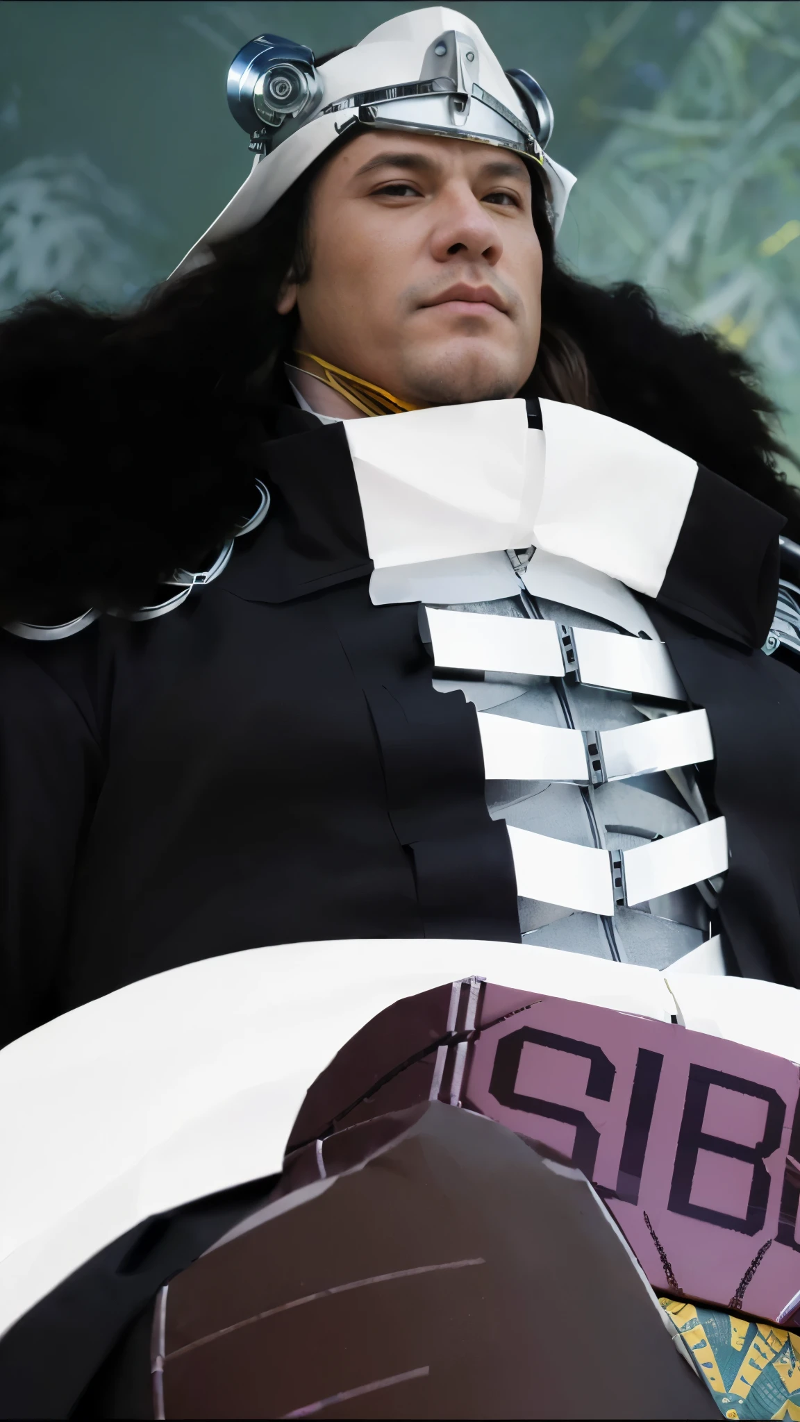 (masterpiece), (realistic), (ultra detailed), (high rest quality)), (((perfect ???????))), (((cyborg))), (((Ukrainian))), ((man))), (((male))), (((muscular))), (((solo))), kuma from one piece, kuma, long curly hair, wearing a head covering with panda ears