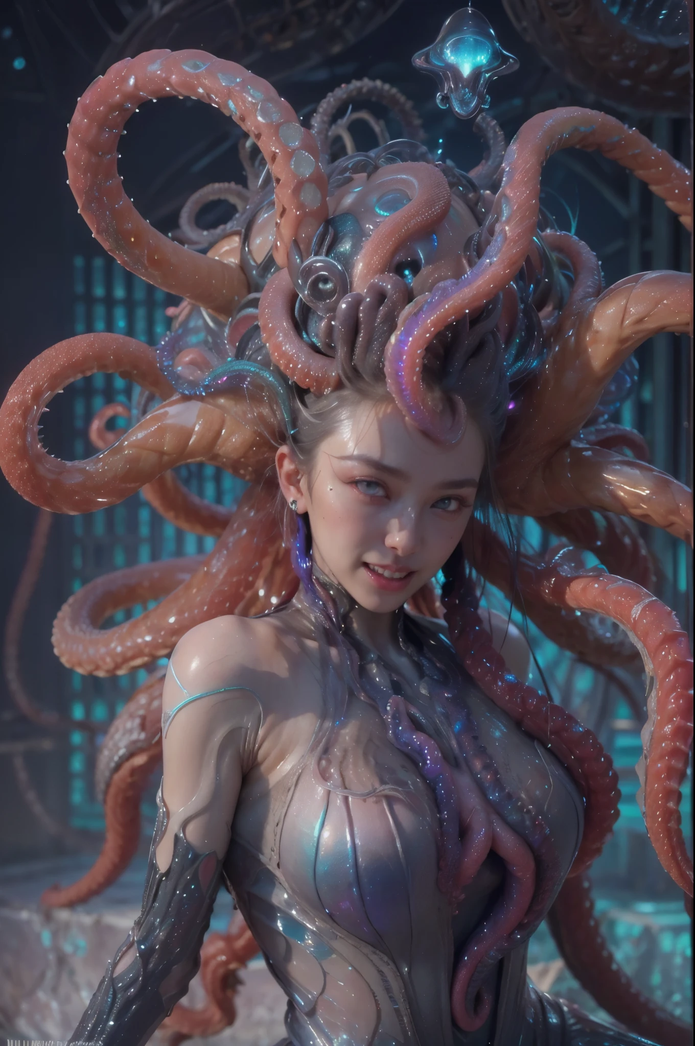 (1 beautiful and  female alien:1.4), (There is a female genital-like organ in the middle of her forehead:1.95), SHe has medusa-like hair, (there are lots of translucent tentacles from her head like her hair:1.8), (vulgarity1.7), (she is looking at viewers with glowing red eyes with no pupils:1.8), (She has translucent pale skin:1.7),(She has the most beautiful face in the history of the universe:1.2), (She has multiple bioluminescent organs on the side of her tentacles:1.4), (Her body is covered with an iridescent exoskeleton:1.6), (She is showing her arm pits:1.4), an evil gaze that seduces, (large mouth:1.1), (sharp teeth like a vampire:1.2), Full body portrait, (bio luminescent:1.5), (Smile wickedly:1.3), (sexypose:1.5), alien, No humans, cells are fused, extraterrestrial, cell, bio image, masterpiece, ultra high resolution, (photos realistic:1.7), scary and  detailed art in color, best quality, 8K,In 4K_quality, High freshness, Dramatic Lighting, cinematic quality, (exquisite details:1.2), High freshness, drawing faithfully, (Thick eyebrows:1.2), Beautiful eyes with fine symmetry,(Highly detailed face and eyes:1.2),(Super detailed skin quality feeling:1.4), perfect , (Beautiful toned body:1.5), (Moist skin:1.2), not wearing makeup, (dark circles:1.1), long canines, cinematic drawing of characters, cinematic quality, (exquisite details:1.2), high resolution, High freshness, drawing faithfully, official art, Unity 8K Wall paper, ultra detailed artistic photography, midnight aura, unreal engine 5, Ultra Sharp Focus, art by Amano Yoshitaka, ArtGerm, Roisch, intricate artwork,ultra realistic realism, dream-like, Creation of fantasy, dream Snail, (biopunk nautilus:1.3),Thrilling color schemes, seductively smiling, Amazing mutation, well-proportioned body, goddess of the deep sea, fractal, Geometric pattern, impossible figures,(asymmetry:1.4), (white tentacles with blue stripes:1.4), subtle emerald green accents, (expression of :1.6)
