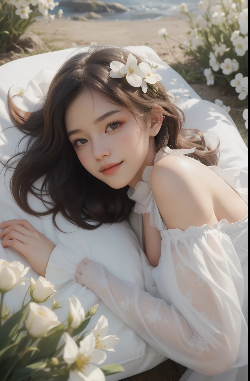 Best quality, masterpiece, ultra high resolution, (photorealistic:1.4), raw photo, 1girl, white dress, blossom flower field, glowing skin, light smile,cats lying beside