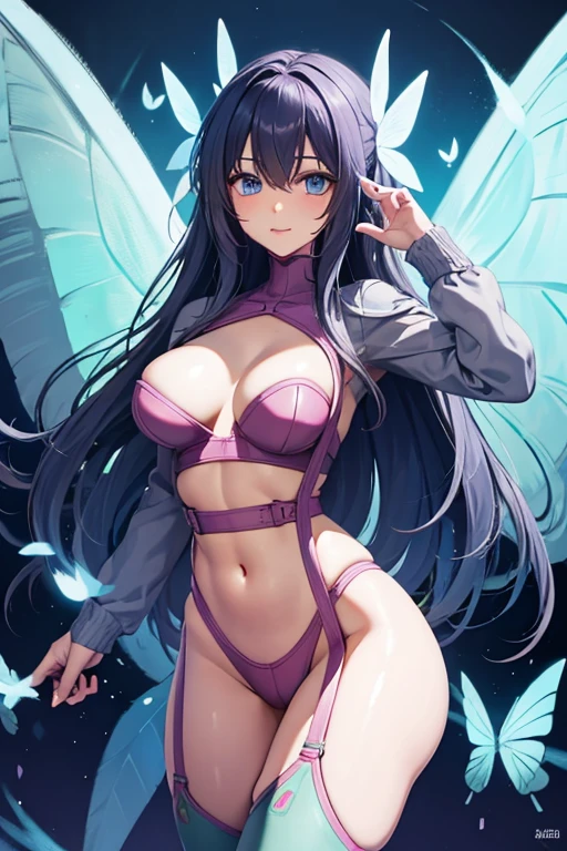 Black hair, blue eyes, sexy, large breasts, beautiful body, bed, Butterfly wings