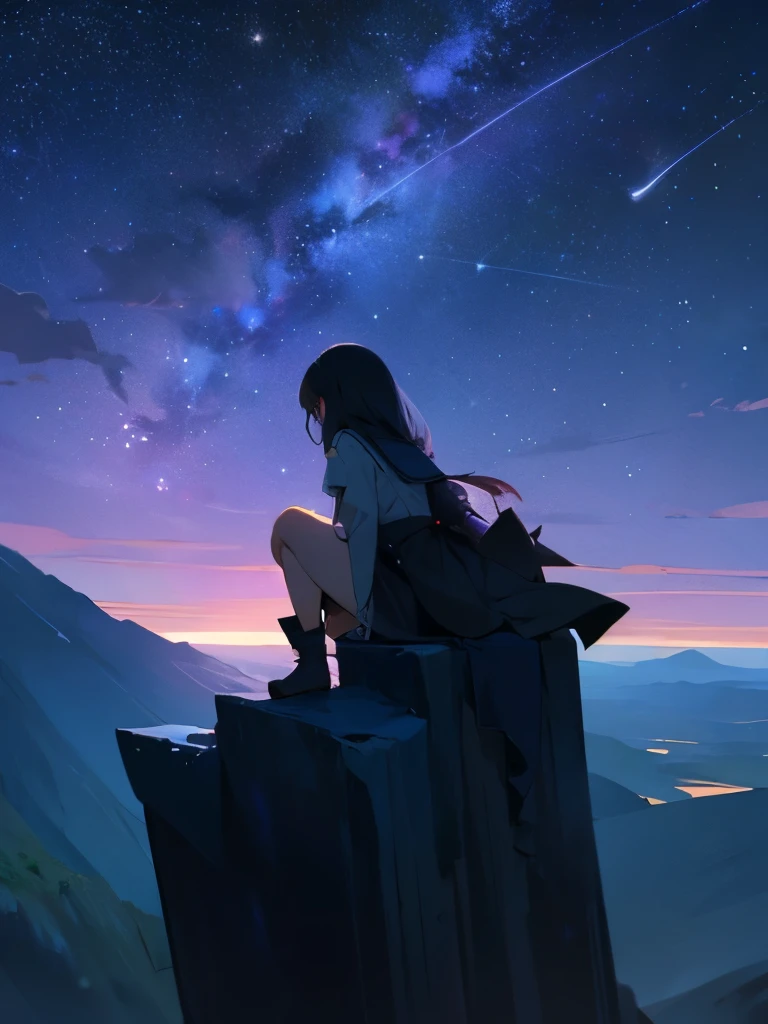 A girl sits on the edge of a cliff and looks at the night sky , there are a lot of stars in the sky. But there are a lot of monsters below..