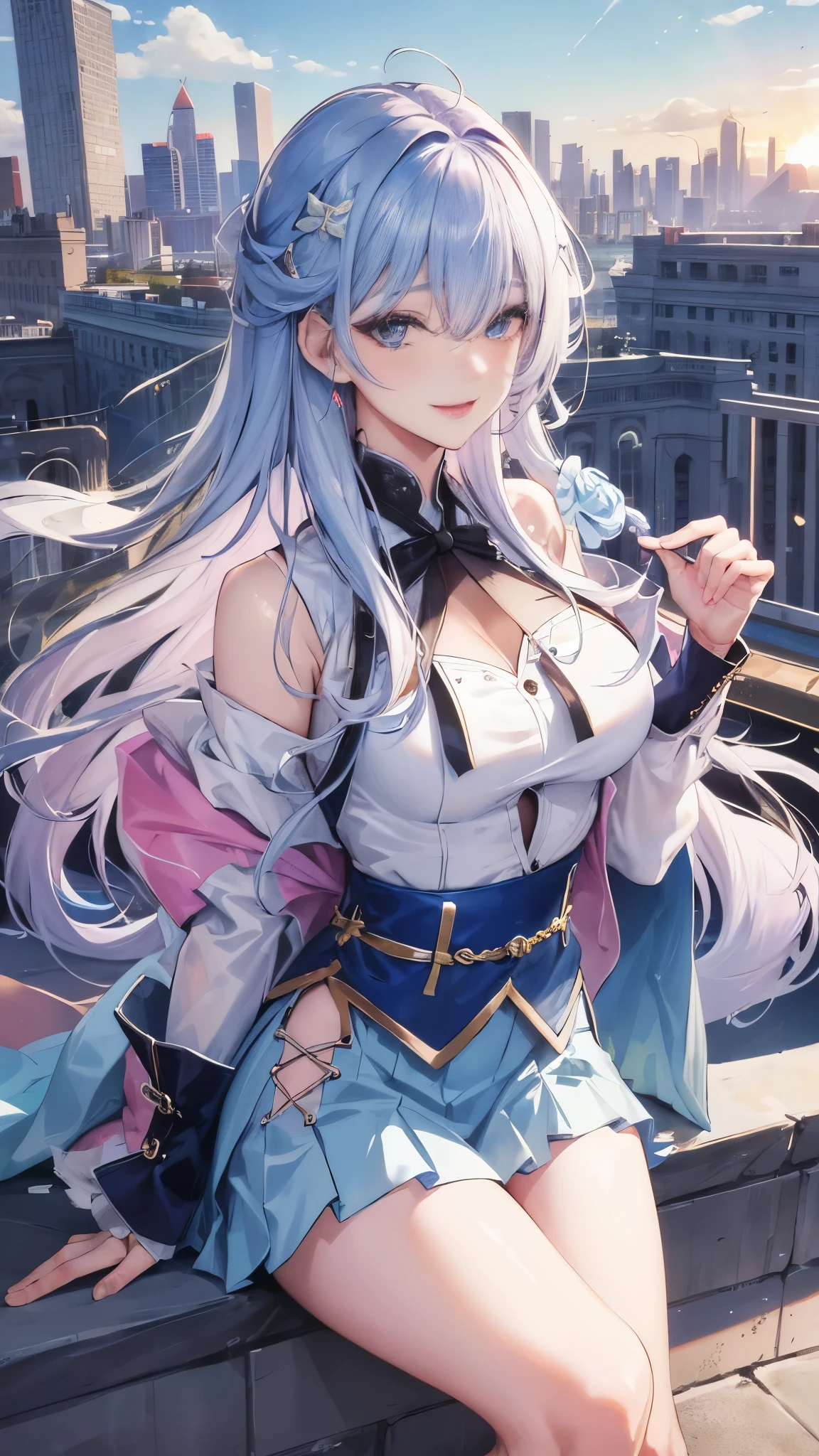 official art, masterpiece, sharp focus, (beautiful gorgeous cute Korean woman:1.3), (beautiful cute korean:1.3), korean beauty, Delicate and beautiful hair and eyes and face, realistic, ultra detailed, beautiful girl, blue sky, glow white particle, (sidelighting:1.2), sun light, white cloud, detailed clouds, slender, Lovely very large breasts and very large hips, smile with teeth, ((smile with eyes, open both eyes)), scenery, long straight hair, sexy facial expression, building, (cityscape:1.7), dynamic hair, long straight hair, detailed platinum pink hair, glow blue eyes, (blue pleated shirts + white skirt), white long socks, pale skin, hair ornament, epic scenery,不同动作且优美