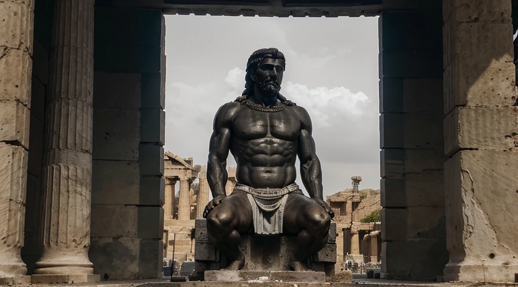 "A dark landscape image of an ancient greek society deeply connected to stoicism, black and white, ancient greek architecture, include one single big statue of a stereotypical strong greek man, marcus aurelius