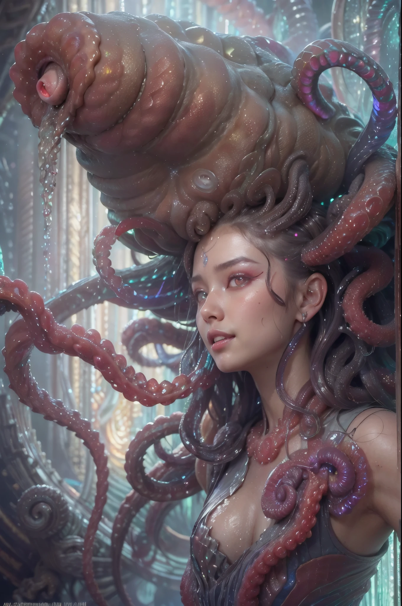 (1 beautiful and obscene female alien:1.4), (There is a female genital-like organ in the middle of her forehead:1.95), SHe has medusa-like hair, (there are lots of translucent tentacles from her head like her hair:1.8), (vulgarity1.7), (she is looking at viewers with glowing red eyes with no pupils:1.8), (She has translucent pale skin:1.7),(She has the most beautiful face in the history of the universe:1.2), (She has multiple bioluminescent organs on the side of her tentacles:1.4), (Her body is covered with an iridescent exoskeleton:1.6), (She is showing her arm pits:1.4), an evil gaze that seduces, (large mouth:1.1), (sharp teeth like a vampire:1.2), Full body portrait, (bio luminescent:1.5), (Smile wickedly:1.3), (sexypose:1.5), alien, No humans, cells are fused, extraterrestrial, cell, bio image, masterpiece, ultra high resolution, (photos realistic:1.7), scary and sexy detailed art in color, best quality, 8K,In 4K_quality, High freshness, Dramatic Lighting, cinematic quality, (exquisite details:1.2), High freshness, drawing faithfully, (Thick eyebrows:1.2), Beautiful eyes with fine symmetry,(Highly detailed face and eyes:1.2),(Super detailed skin quality feeling:1.4), perfect anatomy, (Beautiful toned body:1.5), (Moist skin:1.2), not wearing makeup, (dark circles:1.1), long canines, cinematic drawing of characters, cinematic quality, (exquisite details:1.2), high resolution, High freshness, drawing faithfully, official art, Unity 8K Wall paper, ultra detailed artistic photography, midnight aura, unreal engine 5, Ultra Sharp Focus, art by Amano Yoshitaka, ArtGerm, Roisch, intricate artwork,ultra realistic realism, dream-like, Creation of fantasy, dream Snail, (biopunk nautilus:1.3),Thrilling color schemes, seductively smiling, Amazing mutation, well-proportioned body, goddess of the deep sea, fractal, Geometric pattern, impossible figures,(asymmetry:1.4), (white tentacles with blue stripes:1.4), subtle emerald green accents, (expression of ecstasy:1.6)