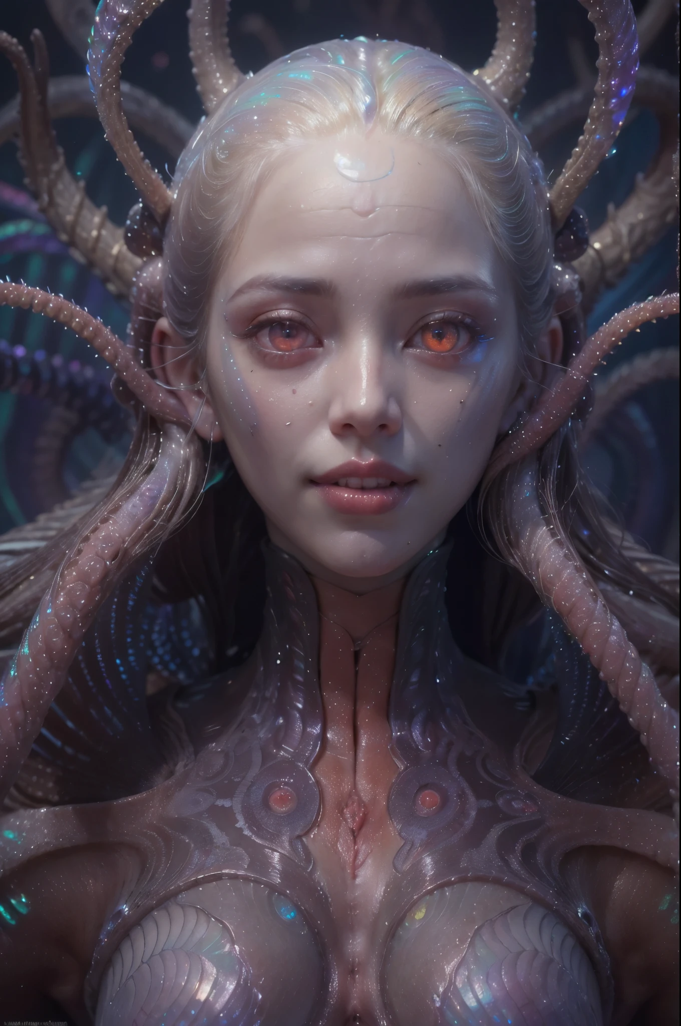 (1 beautiful and obscene female alien:1.4), (There is a female genital-like organ in the middle of her forehead:1.95), SHe has medusa-like hair, (there are lots of translucent tentacles from her head like her hair:1.8), (vulgarity1.7), (she is looking at viewers with glowing red eyes with no pupils:1.8), (She has translucent pale skin:1.7),(She has the most beautiful face in the history of the universe:1.2), (She has multiple bioluminescent organs on the side of her tentacles:1.4), (Her body is covered with an iridescent exoskeleton:1.6), (She is showing her arm pits:1.4), an evil gaze that seduces, (large mouth:1.1), (sharp teeth like a vampire:1.2), Full body portrait, (bio luminescent:1.5), (Smile wickedly:1.3), (sexypose:1.5), alien, No humans, cells are fused, extraterrestrial, cell, bio image, masterpiece, ultra high resolution, (photos realistic:1.7), scary and sexy detailed art in color, best quality, 8K,In 4K_quality, High freshness, Dramatic Lighting, cinematic quality, (exquisite details:1.2), High freshness, drawing faithfully, (Thick eyebrows:1.2), Beautiful eyes with fine symmetry,(Highly detailed face and eyes:1.2),(Super detailed skin quality feeling:1.4), perfect anatomy, (Beautiful toned body:1.5), (Moist skin:1.2), not wearing makeup, (dark circles:1.1), long canines, cinematic drawing of characters, cinematic quality, (exquisite details:1.2), high resolution, High freshness, drawing faithfully, official art, Unity 8K Wall paper, ultra detailed artistic photography, midnight aura, unreal engine 5, Ultra Sharp Focus, art by Amano Yoshitaka, ArtGerm, Roisch, intricate artwork,ultra realistic realism, dream-like, Creation of fantasy, dream Snail, (biopunk nautilus:1.3),Thrilling color schemes, seductively smiling, Amazing mutation, well-proportioned body, goddess of the deep sea, fractal, Geometric pattern, impossible figures,(asymmetry:1.4), (white tentacles with blue stripes:1.4), subtle emerald green accents, (expression of ecstasy:1.6)