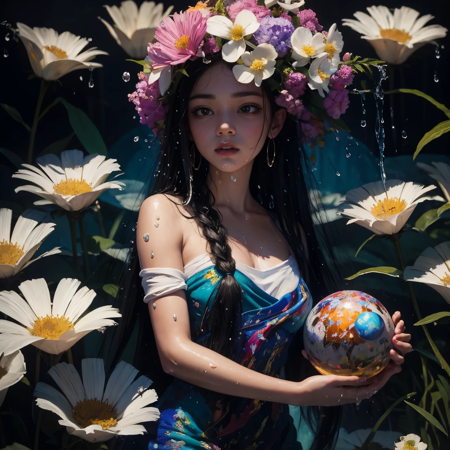 4k highly detailed realistic ((full body including legs)) photo of beautiful 20-year-old sweaty a colorful Palette Knife Oil Painting ,animated girl with pink and blue grass,in the style of over,high contrast,tropical baroque,bio-art,light violet,cornelia parker,uhd image,botanical impressions,, best quality, masterpiece, highres, absurdres, incredibly absurdres, huge filesize, wallpaper, colorful,8K,RAW photo, Beautiful detailed girl, (oil painting:1.5), (NSFW:1.2), 1girl laying, feature, pureerosface_v1, Ambilight, slender waist, (splash, brushwork:1.5),double exposure, fussion of fluid abstract art,(original illustration composition),( fusion of limited color, maximalism artstyle, geometric artstyle) Incorporate vibrant colors, dynamic brushstrokes, and intriguing textures to capture the essence of the subject's inner world, capturing a surrealist vision, (Oil painting: 1.5), \\ A woman with long black hair and white flowers in her hair lies in a field of white flowers, (Amy Saul: 0.248), (Stanley Ateg Liu: 0.106), (a detailed painting: 0.353), (Gothic art: 0.106) holding an art crystal ball