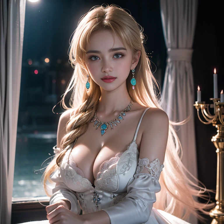 masterpiece,Highest image quality,Super details,best quality ,extremely delicate and beautiful, Very detailed,best quality, official art, Extremely detailed CG unified 8k wallpaper, Ana de Armas portrait photo, Blonde hair with black pupils,shiny skin, (beautiful eyes:1.1), beautiful skin, big watery eyes,(detailed lighting:1.2), (Beautiful and detailed light:1.3), Beautiful black maid outfit,, beautiful breast balls, The most perfect breast ball shape,firm breast balls,Deep cleavage,Naked of breast,complex, digital drawing, Smooth, sharp focus, end of the world, epic reality, (high dynamic range:1.4), (pastel colors:1.4), Revelation,Bright colors, night, screen space refraction, (intricate details, Super detailed:1.3), art station, lens, vignette, complex background, buliding,Beautiful smile,The most beautiful look,Detailed moon background,Dreamcatcher earrings,The best look,Beautiful intricate necklace,Black lace hollow dress,(Hollow dress of various colors lacks color,Black,white,pink,purple,Red,blue,Orange,green,Cyan,),