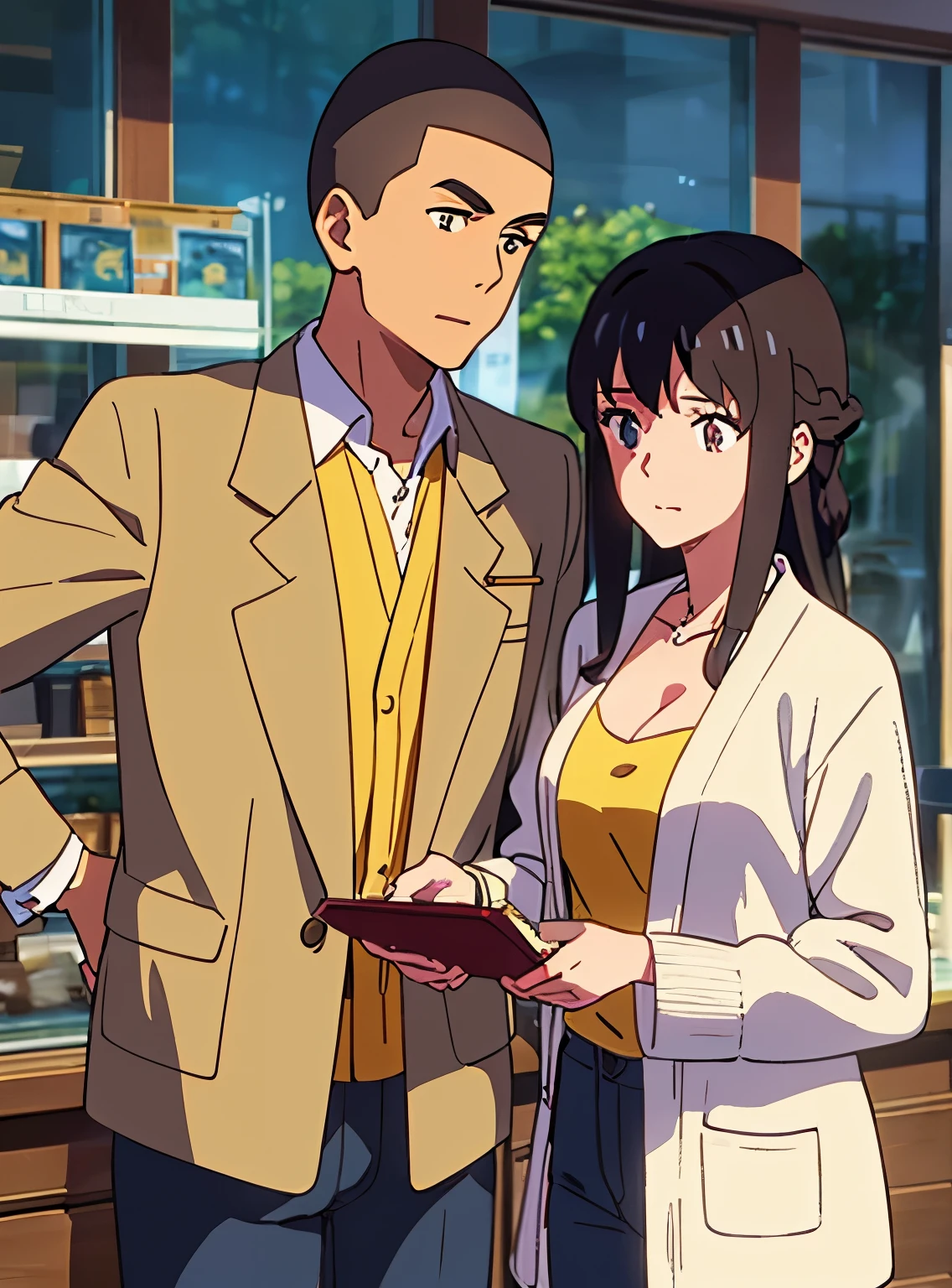 shinkai makoto, kimi no na wa., 1boy, buzzcut, breon jacket, gray pants, muscular, boy caressing girl's body, 1girl, bangs, black hair, brown eyes, waterfall braid, red ribbon, long hair, long sleeve light yellow cardigan, open shirt, yellow shirt, cleavage, breast, medium breast, blue pants,, indoors, jewelry products, jewelry shop, indoors, mall, masterpiece, perfect anatomy, cowboyshot,