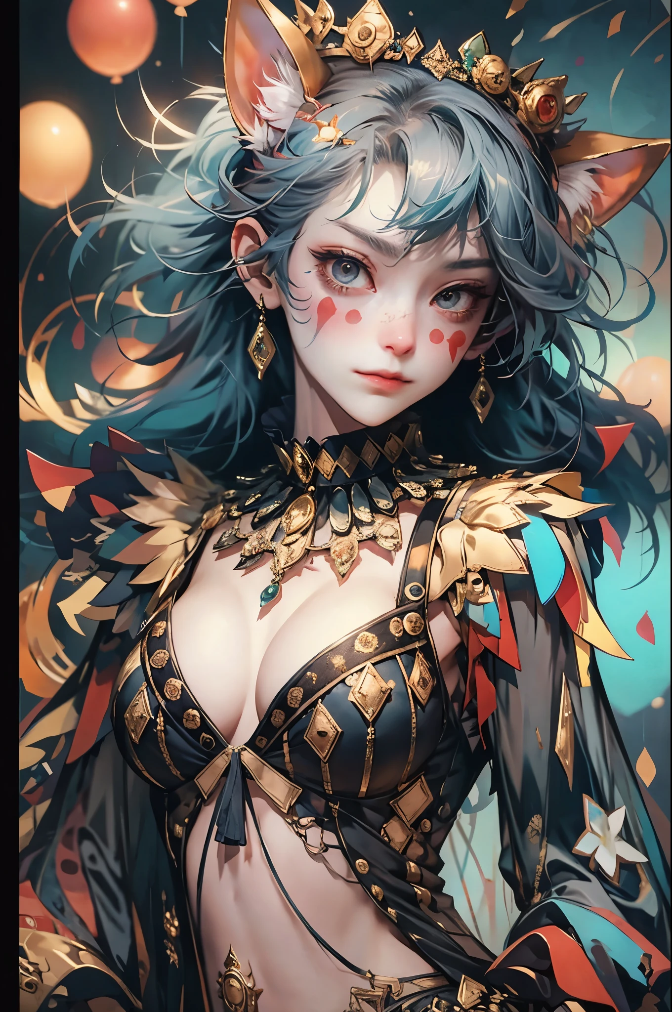 (masterpiece), (best quality), 1girl, sexy, cat ears, clown, colorful lingerie, smile