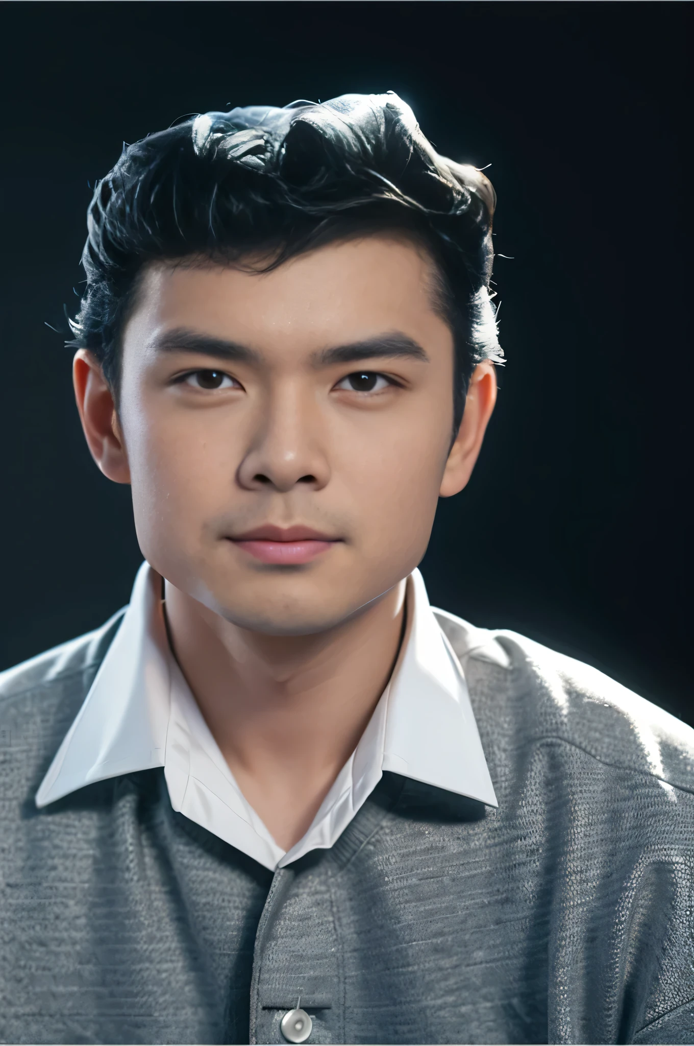 Highly realistic photo, ((masterpiece), (best quality), (raw photo), (photorealistic:1.4), Portrait of Vietnamese man, 25 years old, black hair with side bangs, ((wearing a white shirt)) , dark blue background , photo taken by Sony A7IV