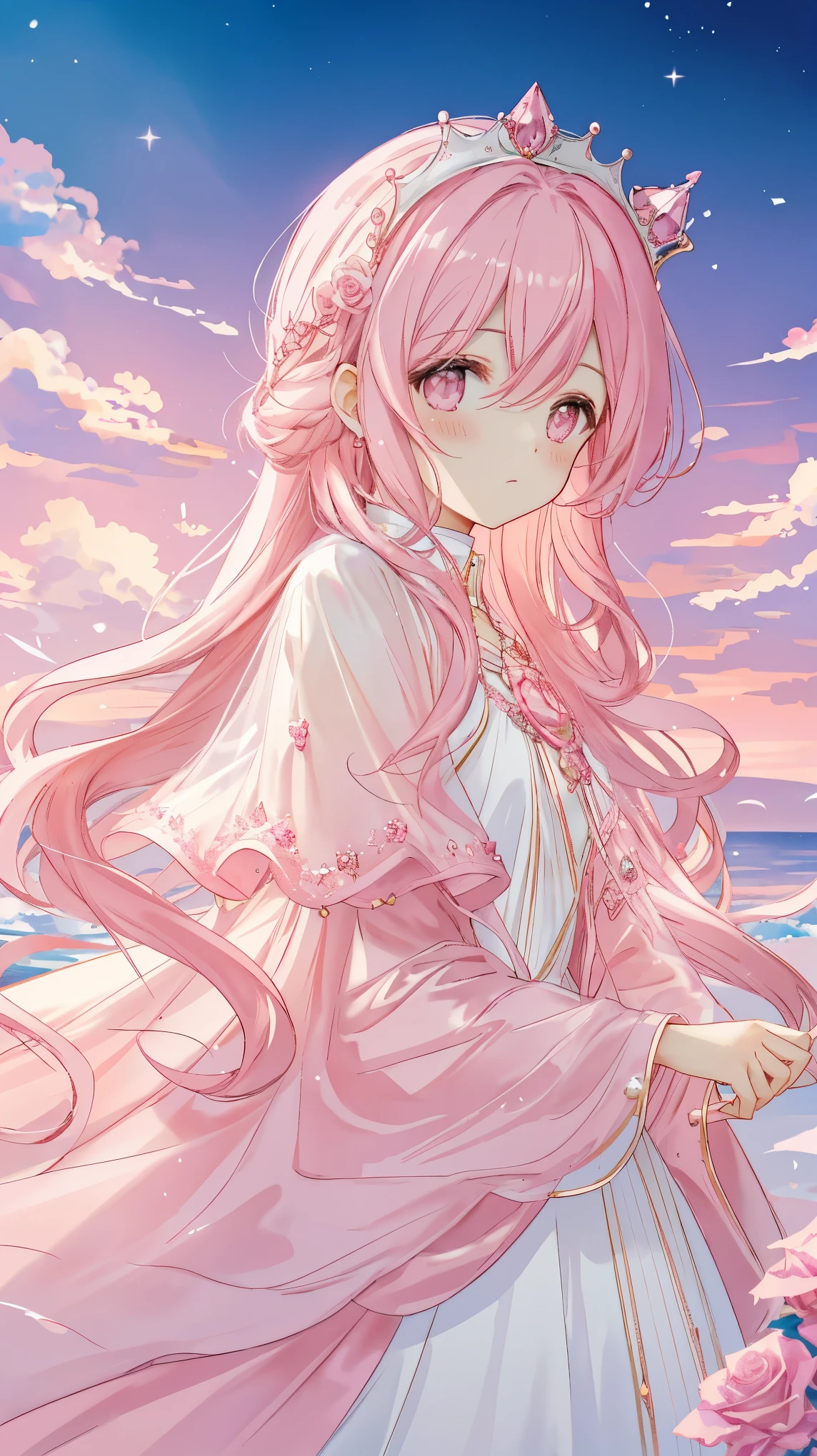 pink moon, pink sky, soft pink clouds, pink sea waves sparkling, shimmering, pink roses in pink sea, fantasy, diamonds, crown, space, soft light,