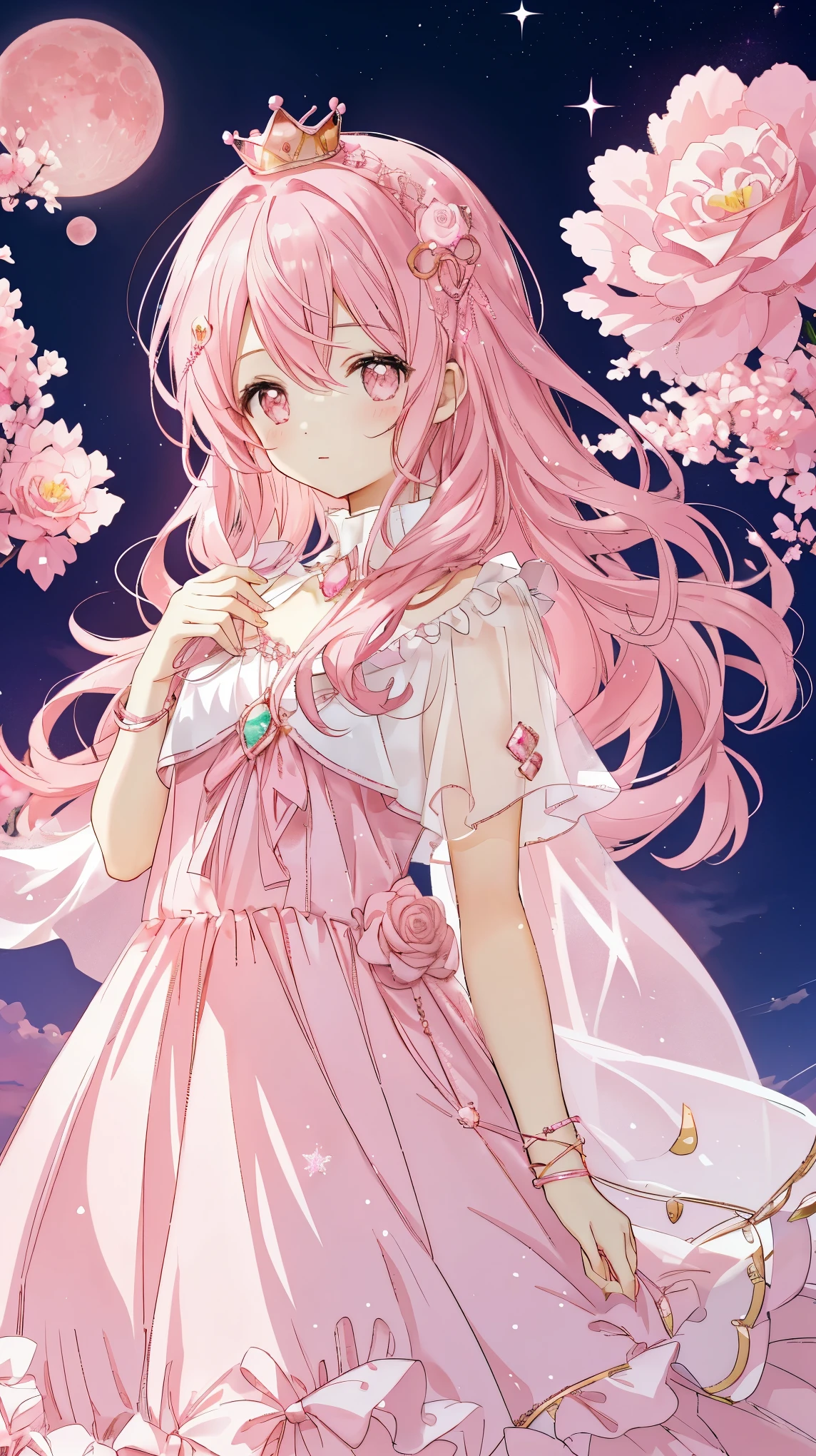 pink moon, pink sky, soft pink clouds, pink sea waves sparkling, shimmering, pink roses in pink sea, fantasy, diamonds, crown, space, soft light,